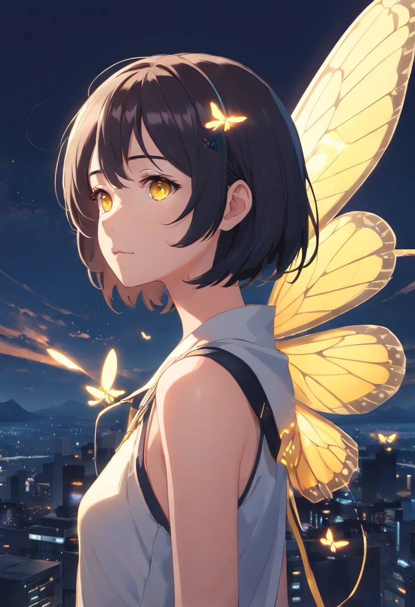 moth wings, white skin, dark theme, woman, short black hair, yellow eyes, moth antenna,