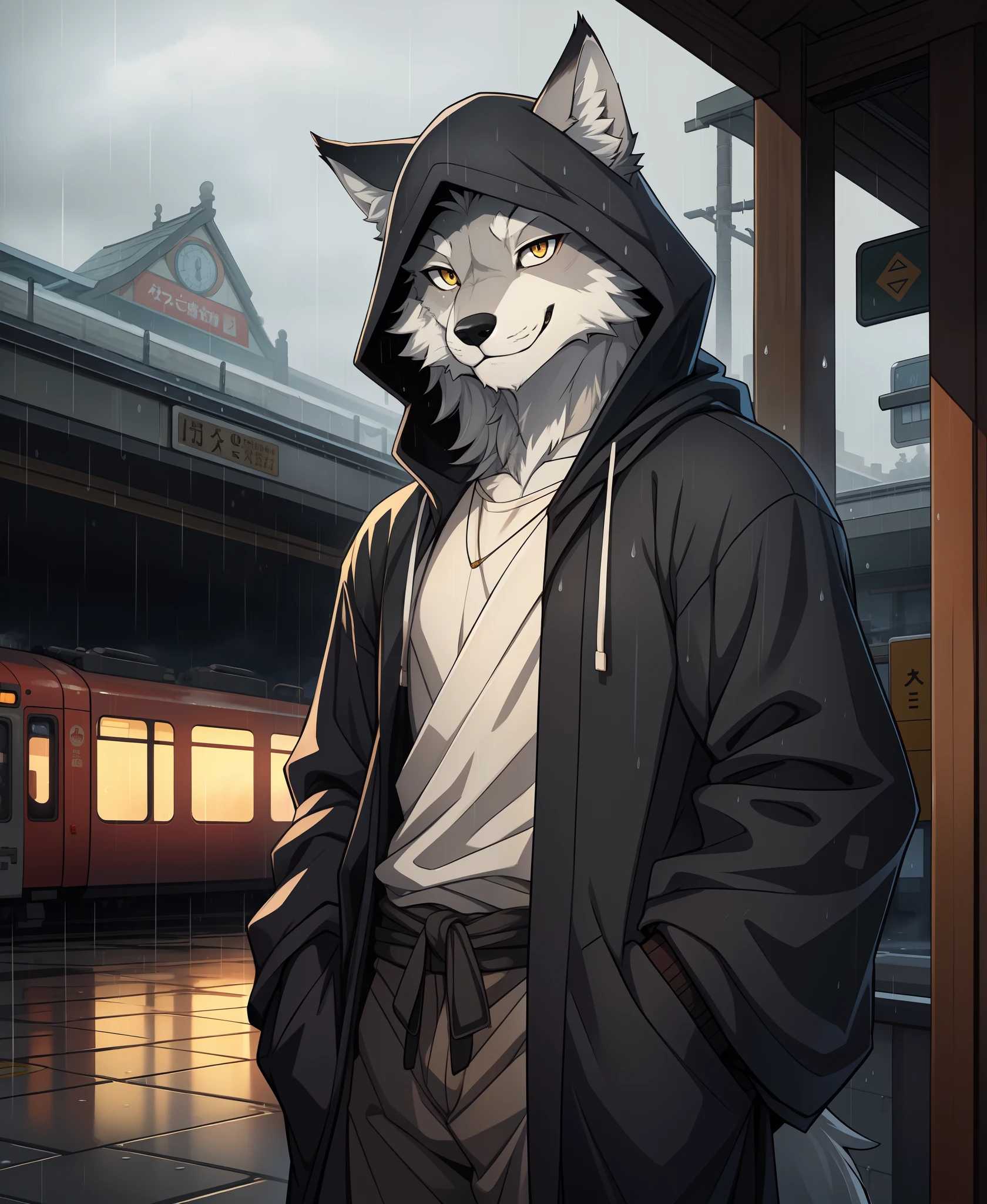 masterpiece, best quality, perfect anatomy, bright eyes, watery eyes, by milkytiger1145, by k0bit0wani, furry, wolf, (felis:0.25), male, solo, baggy clothing, (open smile:1.1), gentle, looking at viewer, train station, rain, (waterdrop:0.9), grey sky, raining, (fog:0.4)