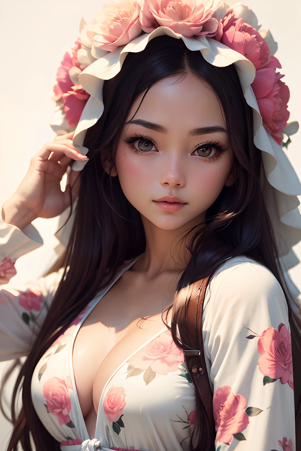 Best quality, 1 beautiful woman, wearing floral onepiece, 35mm lens, f/ 1. 8, looking at viewer, white background