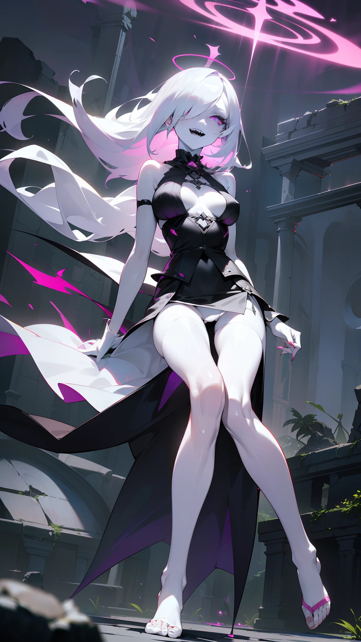 1girl,mature,solo focus,,glowing magenta eyes,colored sclera,white hair, long hair,(((pale skin,extremy white skin,hair over one eye))),, sharp teeth, open mouth,(((medium tits,glossy thighs,)))sexy,((white lingerie,hidden arms,, white little skirt,no shoes)),night,(((villain,psycho,villain smile, psychopath,))),hd,masterpiece,4k,halo pink,(((floating in front a stones ruins in night))),