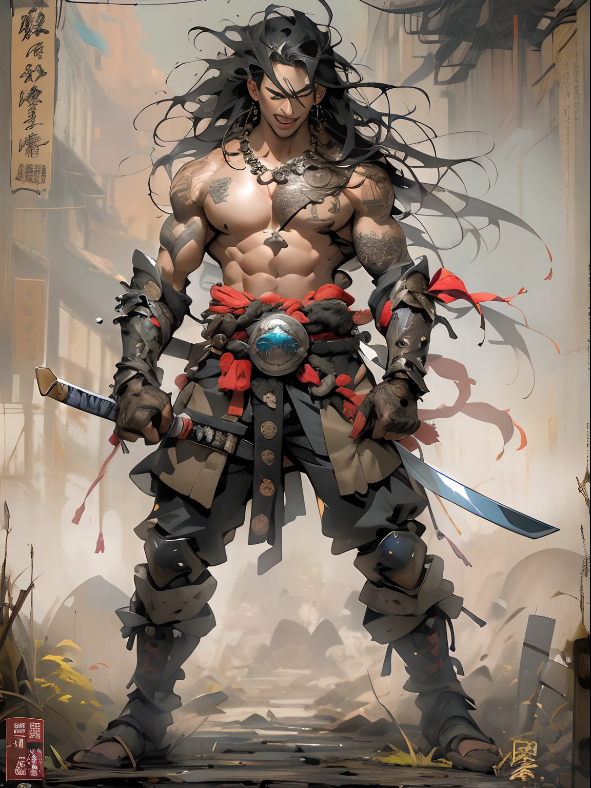 (((mtu))), (((best qualityer))), (((tmasterpiece))), (((AS-Adult))), ((( Japanese ))), Look up from your knees, Handsome Asian samurai,perfect body figure, Modern samurai, ((( Asian))), Wear gloves on your hands,The left arm is made of steel and metal tips,Made of protective devices, The eyes are pulled, (( Appears below the chest )), (( Small dental floss )), Simon Bisley, Almost naked(Simon Bisley)Castle City Wilderness,For high-resolution posters, hair straight, Minimum clothing, armure (Crazy clothes ), Full of tips and rivets, tribal tattoos, (((full bodyesbian))), Straight brunette hair,Colored hair ends