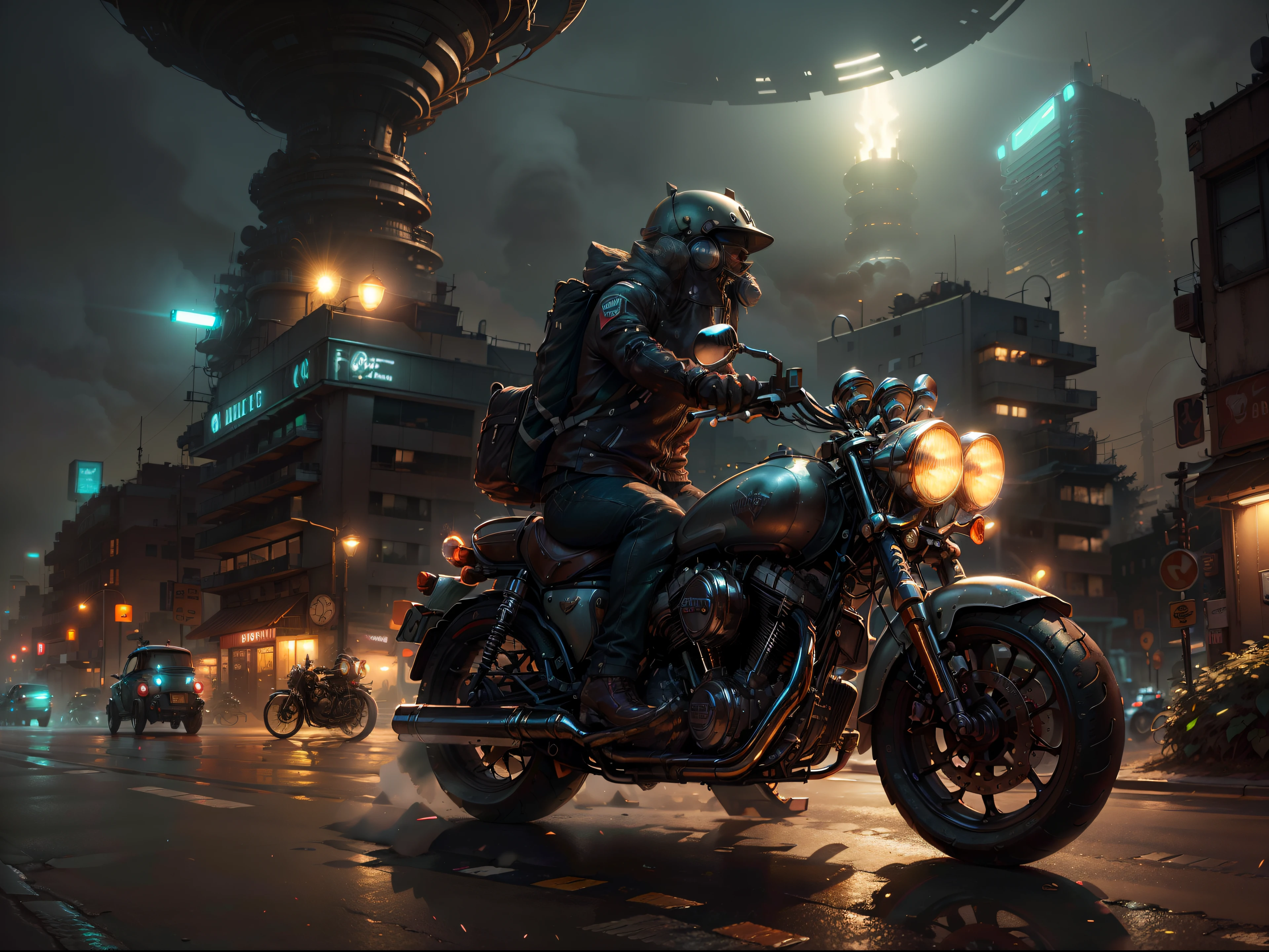 Imagine a futuristic city at night, shrouded in cosmic dust, while a biker on his vintage motorcycle cuts through the scenery. Capture cada detalhe da bicicleta, do brilho do potente motor aos reflexos das luzes da cidade, all in one high-resolution HDR image