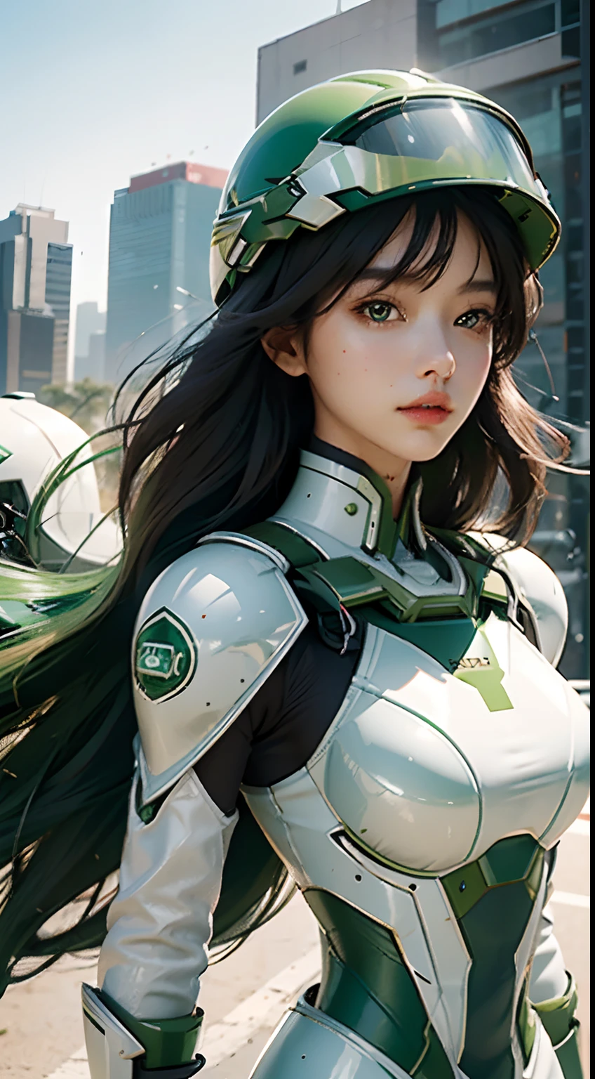 Highest image quality, outstanding details, ultra-high resolution, (realism: 1.4), the best illustration, favor details, highly condensed 1girl, with a delicate and beautiful face, dressed in a green and white mecha, wearing a mecha helmet, tight attire, the background is a high-tech lighting scene of the future city, perfect eyes