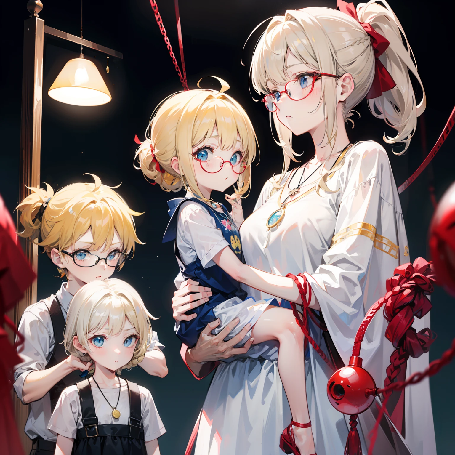 Light blond bangs，With a ponytail，With braids，The body is petite and tender，Very loli，Only very small，Black round glasses，Thick frame，Red rope pendant，Light yellow and blue children's clothing