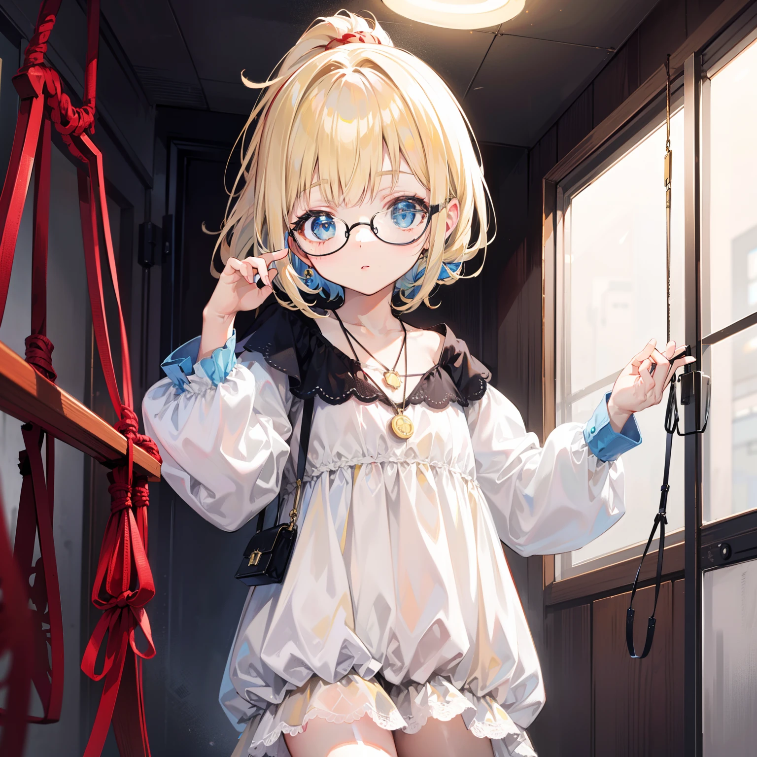 Light blond bangs,With a ponytail,With braids,The body is petite and tender,Very loli,Only very small,Black round glasses,Thick frame,Red rope pendant,Light yellow and blue children's clothing