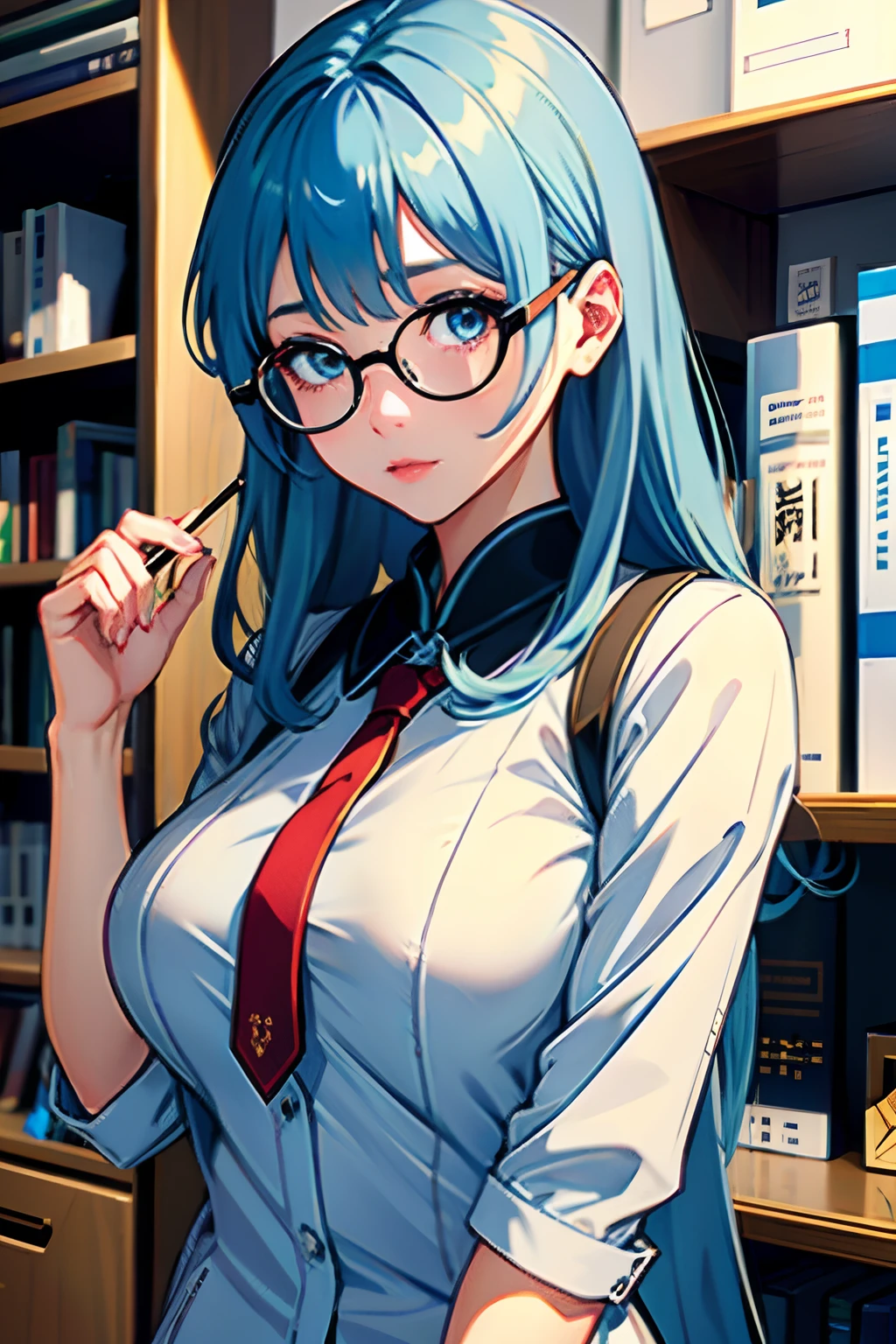 (the Extremely Detailed CG Unity 8K Wallpapers)、top-quality、独奏、1girl in、beatiful detailed eyes、Bright pupils、(extremely delicate and beautiful)、(Beautiful and detailed eyes description)、ultra-detailliert、masterpiece、))、Colossal tits、atlibrary、In your hands your、Photorealsitic、Sailor Mercury、lightblue hair、student clothes、eye glasses