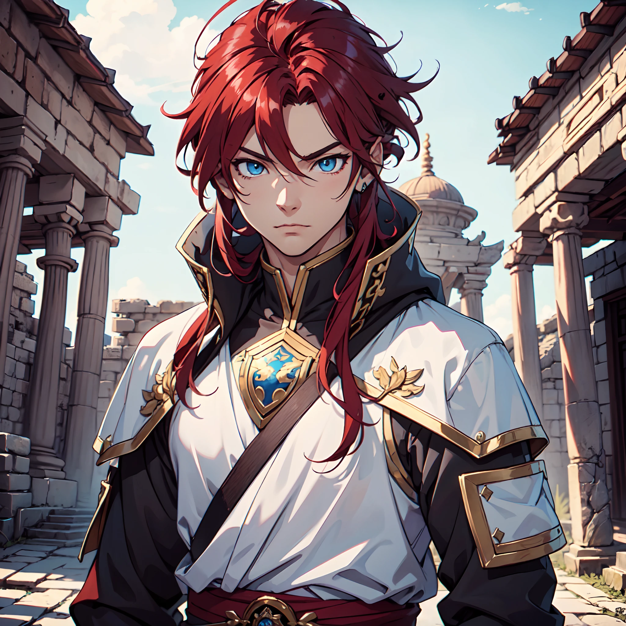 Ultra High Definition, Ultra High Quality, Extremely Detailed, Perfectly Detailed, Masterpiece, 8k, 1 Boy, Look A Like Xin From Kingdom Anime, Handsome, Equipped With Royal Knight Armor, Solid Light Blue Eyes, Long Red Hair, Body Shot, Ancient Kingdom Background