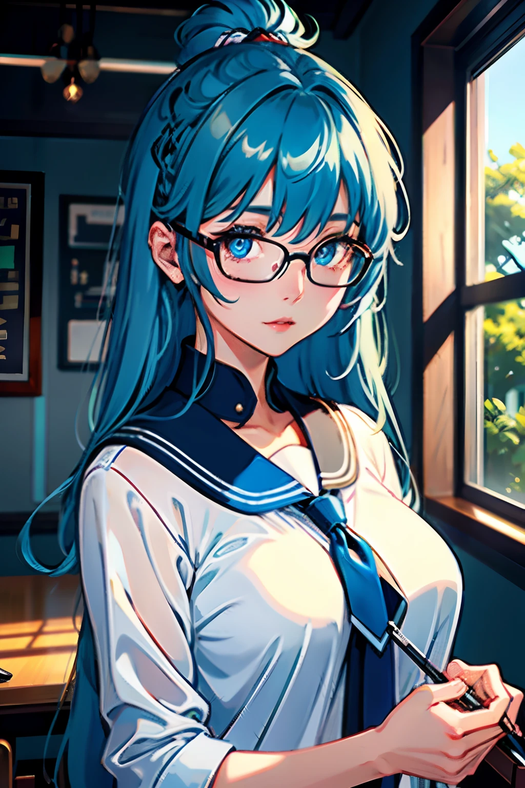 (the Extremely Detailed CG Unity 8K Wallpapers)、top-quality、独奏、1girl in、beatiful detailed eyes、Bright pupils、(extremely delicate and beautiful)、(Beautiful and detailed eyes description)、ultra-detailliert、masterpiece、))、Colossal tits、atlibrary、In your hands your、Photorealsitic、Sailor Mercury、lightblue hair、student clothes、eye glasses