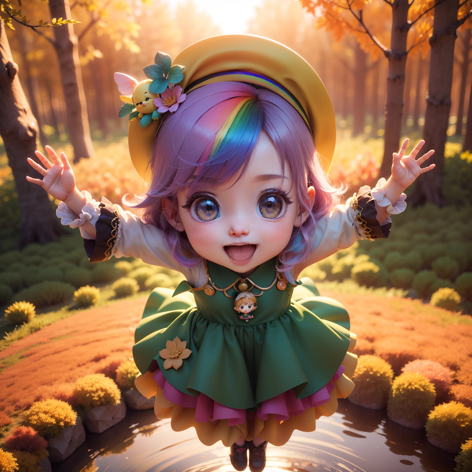 Cute Chibi Anime,(((Chibi 3D))) (Best Quality) (Master Price)、Leprechaun (Floating in mid-air:1.3), Fly over the autumn forest, Under no gravity, Birds Garden View、Open your mouth and smile、(Vivid big rainbow:1.3)、The dazzling rays of the morning sun、Jewelry Decoration Costumes