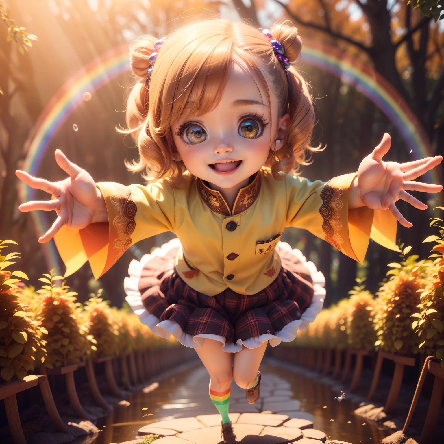 Cute Chibi Anime,(((Chibi 3D))) (Best Quality) (Master Price)、Leprechaun (Floating in mid-air:1.3), Fly over the autumn forest, Under no gravity, Birds Garden View、Open your mouth and smile、(Vivid big rainbow:1.3)、The dazzling rays of the morning sun、Jewelry Decoration Costumes
