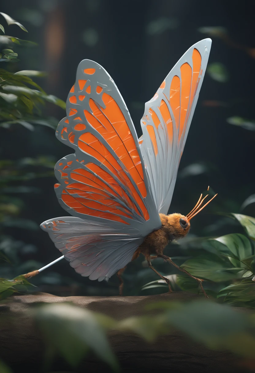 moth wings, white skin, wearing chongsam, grey hair, orange eyes, holding dagger, dark theme, forest background