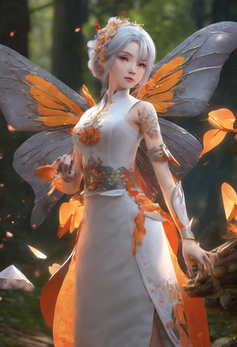 moth wings, white skin, wearing chongsam, grey hair, orange eyes, holding dagger, dark theme, forest background