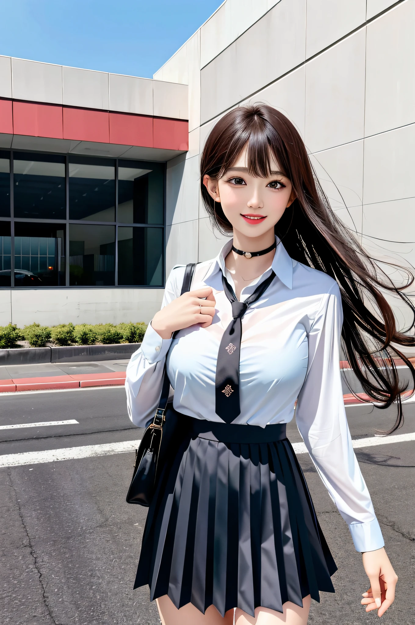 masterpiece, best quality, full body, 1girl, bangs, black choker, black necktie, black hair, blue skirt, blush, bracelet, breasts, choker, clothes around waist, collarbone, collared shirt, cowboy shot, dress shirt, ear piercing, eyebrows visible through hair, gradient hair, grin, gyaru, jewelry, kogal, long hair, looking at viewer, loose necktie, necktie, piercing, plaid, plaid skirt, pleated skirt, red eyes, ring, school uniform, shirt, skirt, smile, solo, white shirt, street, sky, cherry blossoms, petals,illustration, (magazine:1.3), (cover-style:1.3), fashionable, woman, vibrant, outfit, posing, front, colorful, dynamic, background, elements, confident, expression, holding, statement, accessory, majestic, coiled, around, touch, scene, text, cover, bold, attention-grabbing, title, stylish, font, catchy, headline, larger, striking, modern, trendy, focus, fashion,