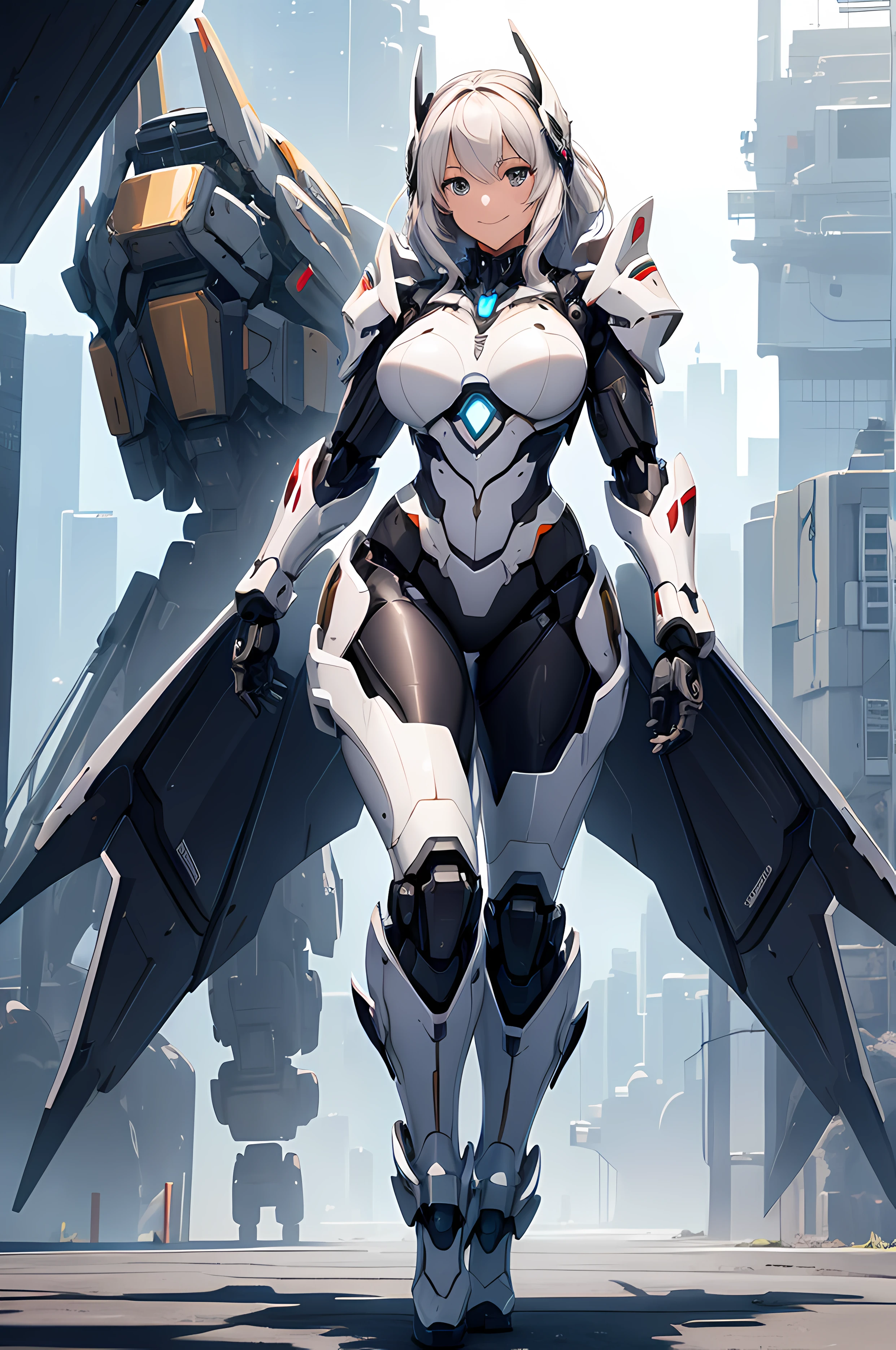 A beautiful Women, ( full body armor), ((full body frame)), smile, royal, sci-fi, mecha