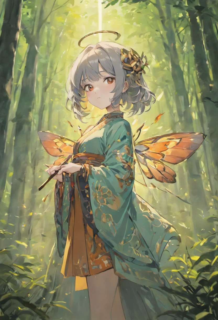 moth wings, white skin, wearing chongsam, grey hair, orange eyes, holding dagger, dark theme, forest background