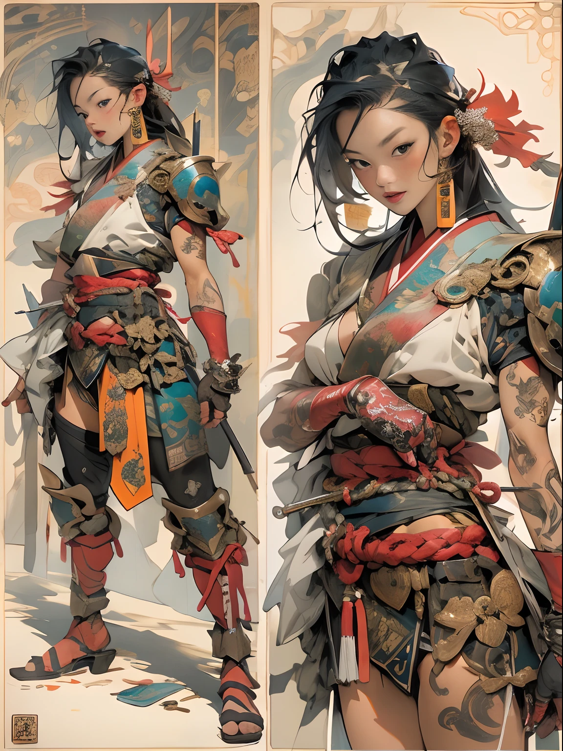 (((woman))), (((best qualityer))), (((tmasterpiece))), (((AS-Adult))), ((( Japanese ))), Look up from your knees, A beautiful asian samurai woman with perfect body, Modern samurai, ((( Asian))), Wear gloves on your hands，The left arm is made of steel and metal tips，Made of protective devices, The eyes are pulled, (( Appears below the breast )), (( Small dental floss )), Simon Bisley, Almost naked（Simon Bisley）Castle City Wilderness，For high-resolution posters, hair straight, Minimum clothing, armure (Crazy clothes ), Full of tips and rivets, tribal tattoos, (((full bodyesbian))), Straight brunette hair，Colored hair ends