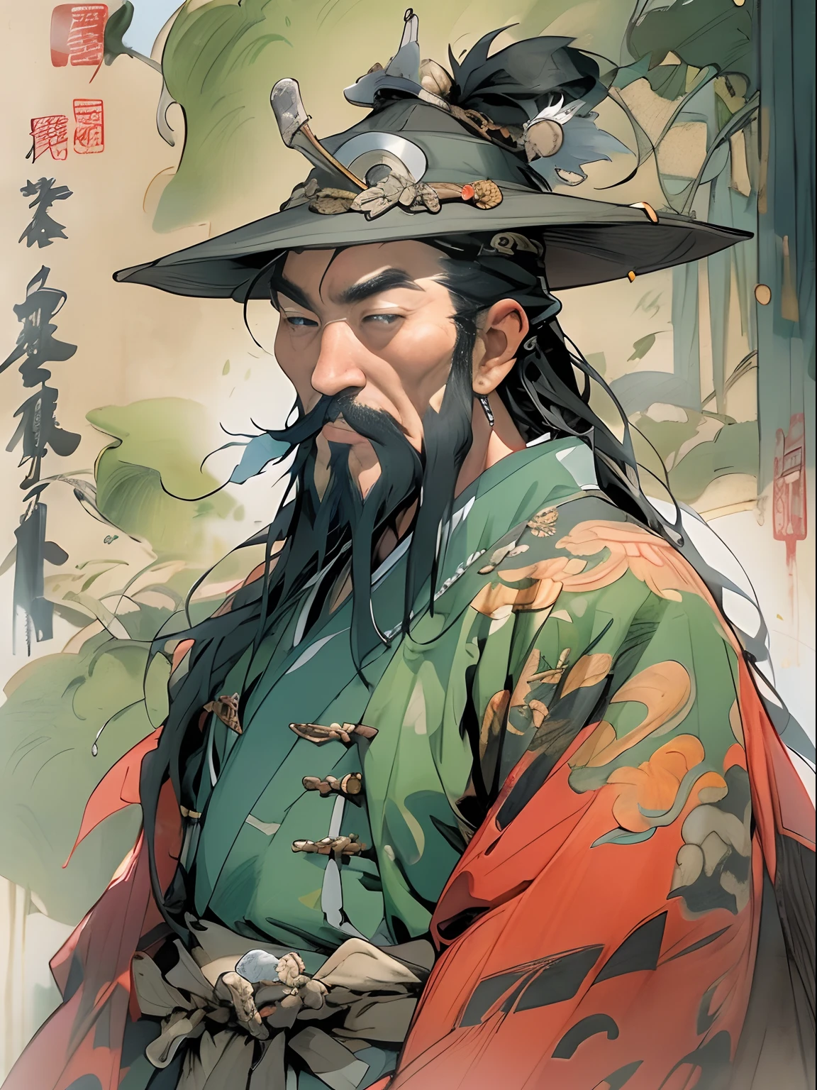 (((China-style，Ink painting method，Half-length portrait，Intense color，Han dynasty, China，Hanfu，Armor，Guan yu，Guan Yunchang，of a guy，Ruddy killing square face，Hold the Blue Dragon Moon Knife in his right hand，Stroke your beard with your left hand，Long hair，petty eyes，Green robe))), (((best qualityer))), (((tmasterpiece))), (((AS-Adult))), ((( Japanese ))), Look up from your knees, Handsome Asian samurai，perfect body figure, Modern samurai, ((( Asian))), Wear gloves on your hands，The left arm is made of steel and metal tips，Made of protective devices, The eyes are pulled, (( Appears below the chest )), (( Small dental floss )), Simon Bisley, Almost naked（Simon Bisley）Castle City Wilderness，For high-resolution posters, hair straight, Minimum clothing, armure (Crazy clothes ), Full of tips and rivets, tribal tattoos, (((full bodyesbian))), Straight brunette hair，Colored hair ends
