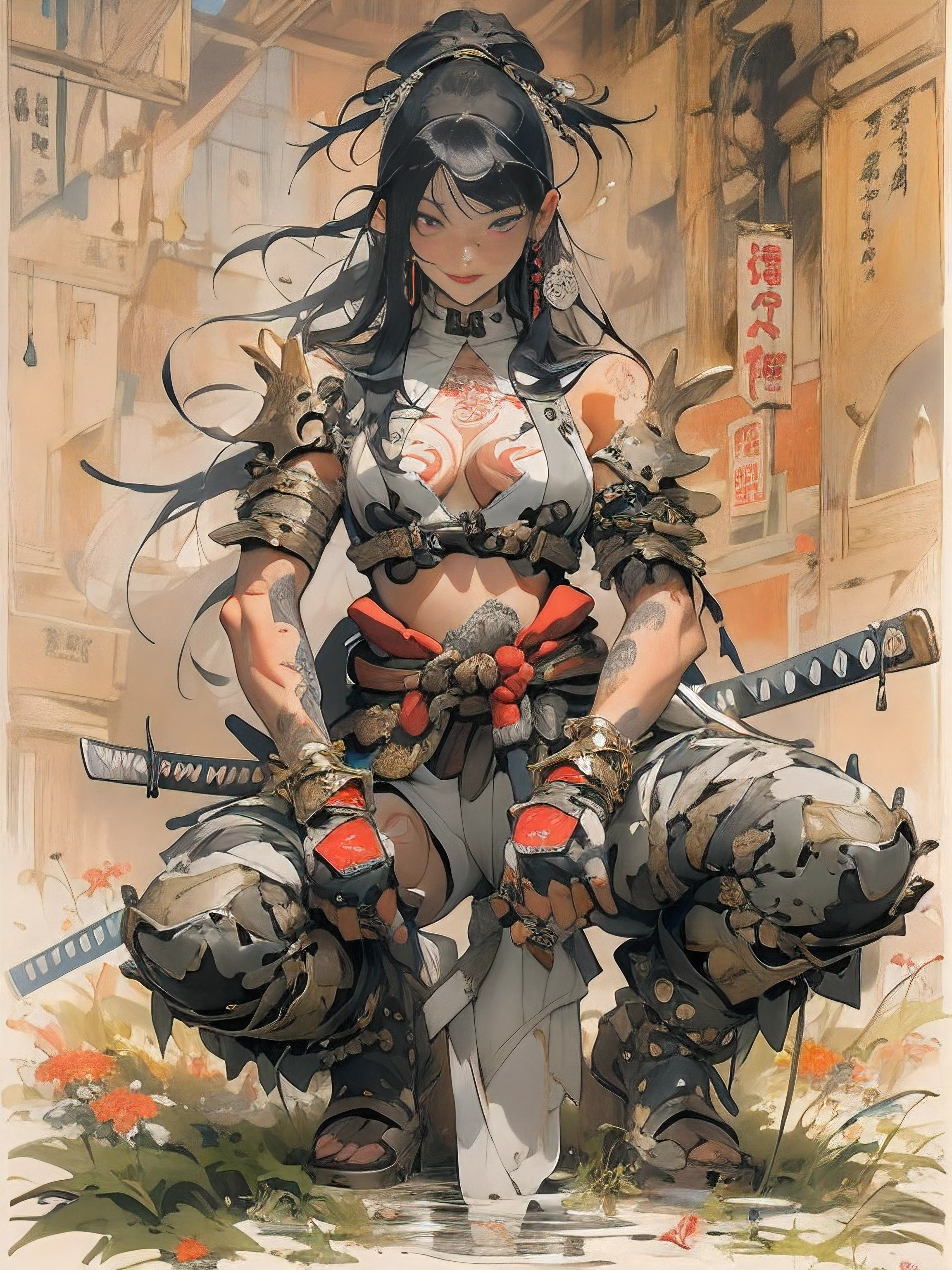 (((woman))), (((best qualityer))), (((tmasterpiece))), (((AS-Adult))), ((( Japanese ))), Look up from your knees, A beautiful asian samurai woman with perfect body, Modern samurai, ((( Asian))), Wear gloves on your hands，The left arm is made of steel and metal tips，Made of protective devices, The eyes are pulled, (( Appears below the breast )), (( Small dental floss )), Simon Bisley, Almost naked（Simon Bisley）Castle City Wilderness，For high-resolution posters, hair straight, Minimum clothing, armure (Crazy clothes ), Full of tips and rivets, tribal tattoos, (((full bodyesbian))), Straight brunette hair，Colored hair ends