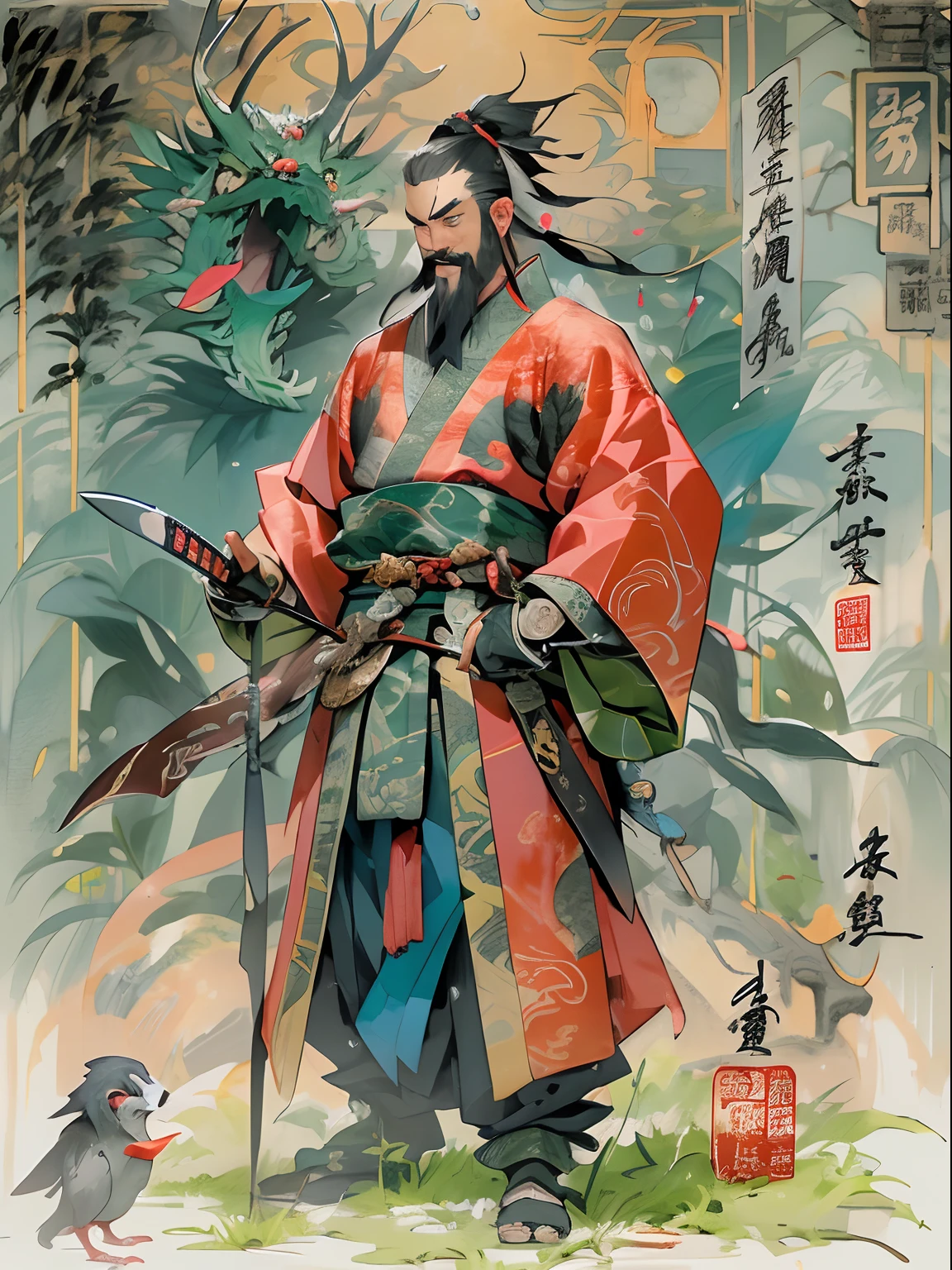 (((China-style,Ink painting method,Half-length portrait,Intense color,Han dynasty, China,Hanfu,Armor,Guan yu,Guan Yunchang,of a guy,Ruddy killing square face,Hold the Blue Dragon Moon Knife in his right hand,Stroke your beard with your left hand,Long hair,petty eyes,Green robe))), (((best qualityer))), (((tmasterpiece))), (((AS-Adult))), ((( Japanese ))), Look up from your knees, Handsome Asian samurai,perfect body figure, Modern samurai, ((( Asian))), Wear gloves on your hands,The left arm is made of steel and metal tips,Made of protective devices, The eyes are pulled, (( Appears below the chest )), (( Small dental floss )), Simon Bisley, Almost naked(Simon Bisley)Castle City Wilderness,For high-resolution posters, hair straight, Minimum clothing, armure (Crazy clothes ), Full of tips and rivets, tribal tattoos, (((full bodyesbian))), Straight brunette hair,Colored hair ends