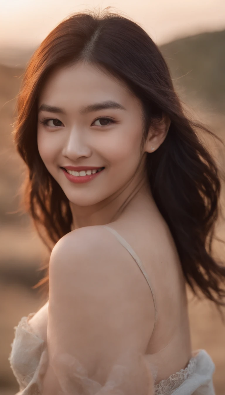 1 young asian girl standing in front,topless, smile,A happy look on his face,There was a vampire behind the girl with its mouth open,Showing fangs,cowboy lens,Cinematic lighting effects, bare shoulders, bare legs, 4k, 8k, high-res.