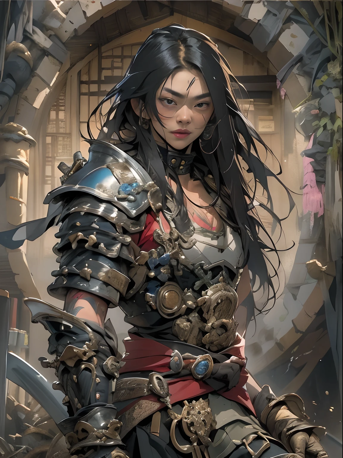 (((mtu))), (((best qualityer))), (((tmasterpiece))), (((AS-Adult))), ((( Japanese ))), Look up from your knees, Handsome Asian samurai,perfect body figure, Modern samurai, ((( Asian))), Wear gloves on your hands,The left arm is made of steel and metal tips,Made of protective devices, The eyes are pulled, (( Appears below the chest )), (( Small dental floss )), Simon Bisley, Almost naked(Simon Bisley)Castle City Wilderness,For high-resolution posters, hair straight, Minimum clothing, armure (Crazy clothes ), Full of tips and rivets, tribal tattoos, (((full bodyesbian))), Straight brunette hair,Colored hair ends