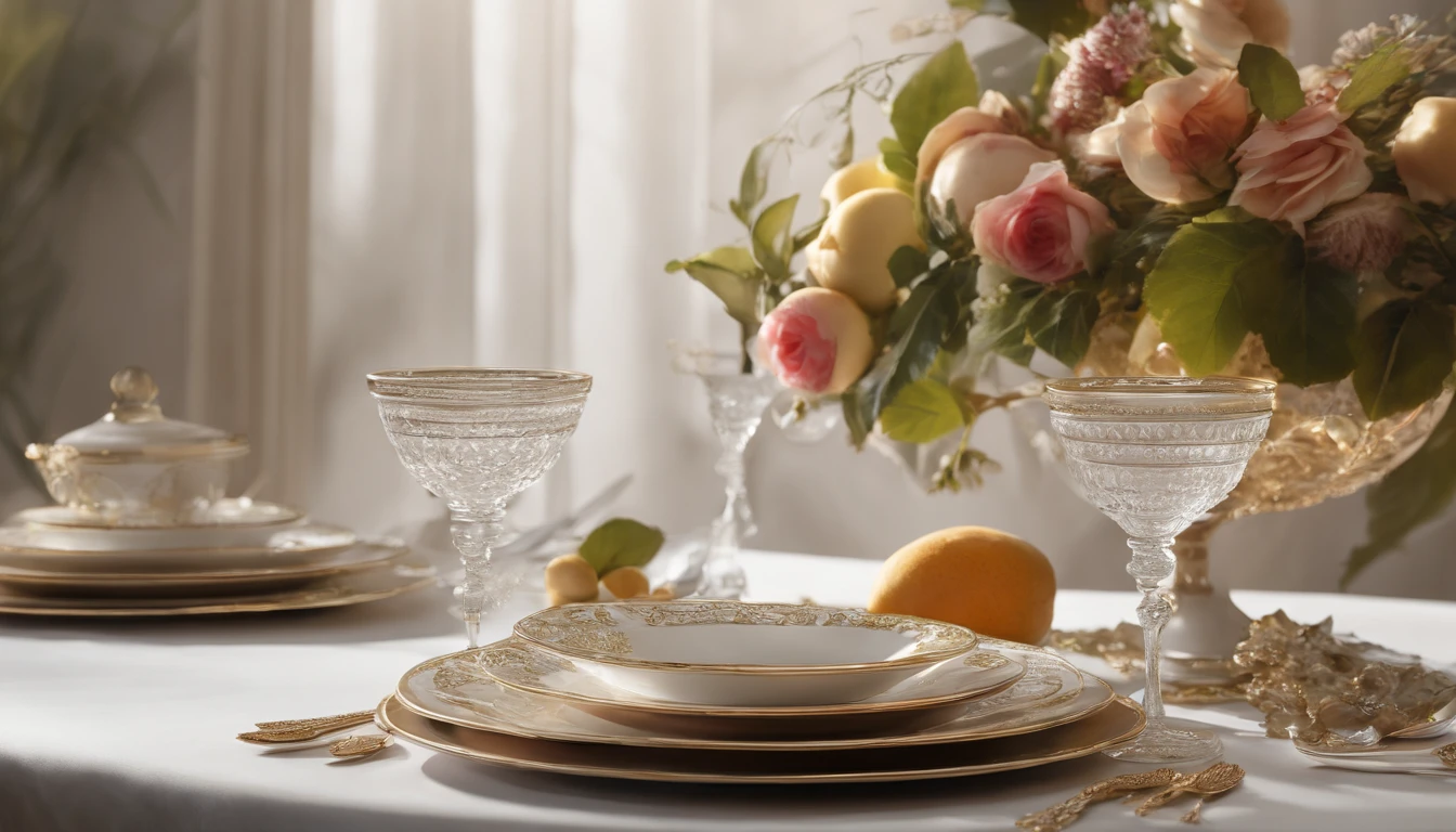 (Best quality, A high resolution, Masterpiece:1.2)French, Ultra-detailed, Amazingly beautiful table set, Delicate flower arrangement, Natural lighting, Golden candlelight, Soft and warm color palette, Inviting atmosphere, Homely, Simple and elegant, Harmonious composition, Meticulous attention to detail, subtletextures, Tastefully furnished, Translucent glassware, Delicious fresh fruit, Crystal clear water droplets on the fruit, Crispy and juicy, Refreshing, Lovely scent of flowers and fruits, Exquisite porcelain dinner plate, Smooth and glossy surface, Vintage silverware, Exquisite and gorgeous design, Romantic and cozy atmosphere, Relaxing and comfortable, serenity and calm, Healthy and inviting, Elegant pleats and curtains, Rich brown color, Subtle shadows and highlights, soft natural lighting, A soothing and peaceful atmosphere, A central ornament made of vibrant seasonal flowers, Delicate buds and flowers, a faint fragrance in the air, The petals are beautifully arranged, Soft and natural texture, A warm and inviting color palette, Authentic and rustic elements, Crimson wine, Crystal clear wine glasses, Bubbles that surface, Candlelight reflection, glittery, Cleavage is seductive, Green leaves and green leaves, Add a touch of freshness and nature, Lovely contrast between greenery and fruit, Symbolizes abundance and vitality, A feast for the senses.in a panoramic view, deep colour, chiaroscuro, film grain, rococo style, 4K, 8K
