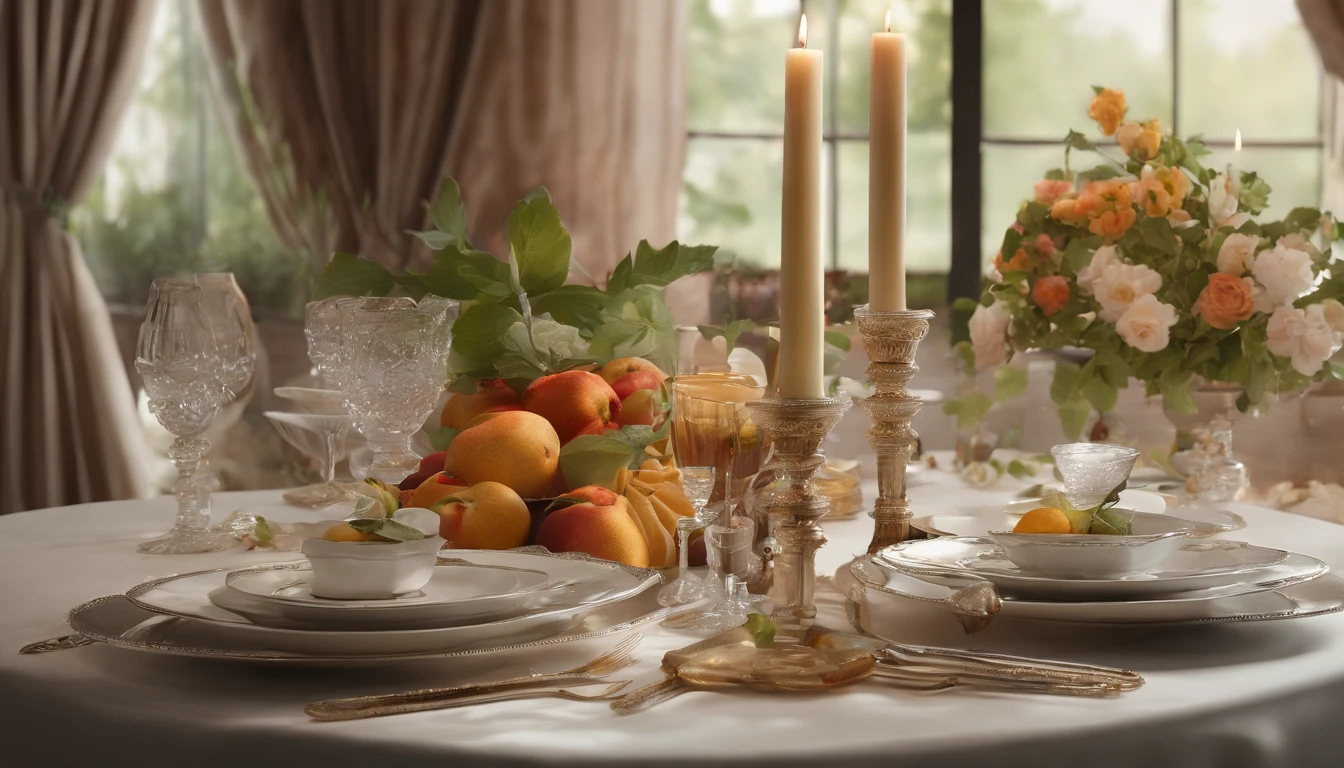 (Best quality, A high resolution, Masterpiece:1.2)French, Ultra-detailed, Amazingly beautiful table set, Delicate flower arrangement, Natural lighting, Golden candlelight, Soft and warm color palette, Inviting atmosphere, Homely, Simple and elegant, Harmonious composition, Meticulous attention to detail, subtletextures, Tastefully furnished, Translucent glassware, Delicious fresh fruit, Crystal clear water droplets on the fruit, Crispy and juicy, Refreshing, Lovely scent of flowers and fruits, Exquisite porcelain dinner plate, Smooth and glossy surface, Vintage silverware, Exquisite and gorgeous design, Romantic and cozy atmosphere, Relaxing and comfortable, serenity and calm, Healthy and inviting, Elegant pleats and curtains, Rich brown color, Subtle shadows and highlights, soft natural lighting, A soothing and peaceful atmosphere, A central ornament made of vibrant seasonal flowers, Delicate buds and flowers, a faint fragrance in the air, The petals are beautifully arranged, Soft and natural texture, A warm and inviting color palette, Authentic and rustic elements, Crimson wine, Crystal clear wine glasses, Bubbles that surface, Candlelight reflection, glittery, Cleavage is seductive, Green leaves and green leaves, Add a touch of freshness and nature, Lovely contrast between greenery and fruit, Symbolizes abundance and vitality, A feast for the senses.in a panoramic view, deep colour, chiaroscuro, film grain, rococo style, 4K, 8K