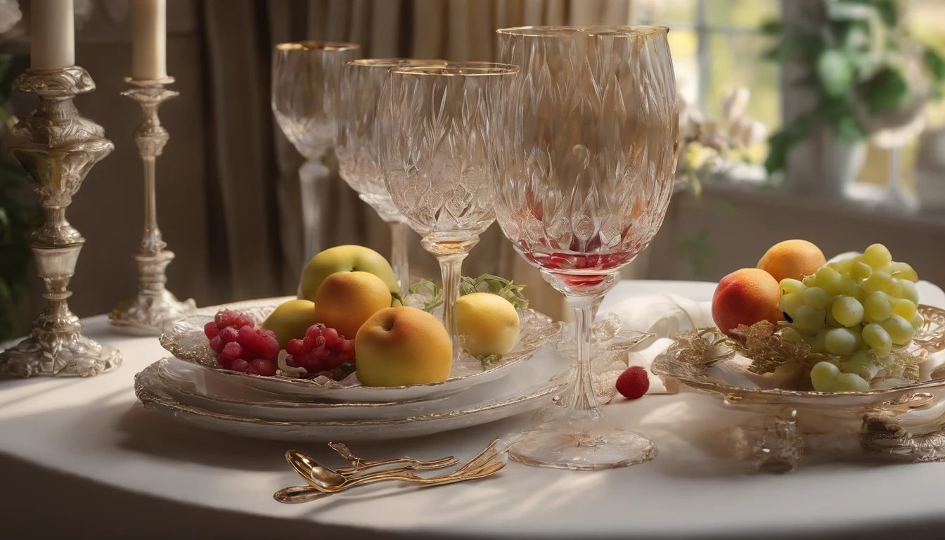 (Best quality, A high resolution, Masterpiece:1.2)French, Ultra-detailed, Amazingly beautiful table set, Delicate flower arrangement, Natural lighting, Golden candlelight, Soft and warm color palette, Inviting atmosphere, Homely, Simple and elegant, Harmonious composition, Meticulous attention to detail, subtletextures, Tastefully furnished, Translucent glassware, Delicious fresh fruit, Crystal clear water droplets on the fruit, Crispy and juicy, Refreshing, Lovely scent of flowers and fruits, Exquisite porcelain dinner plate, Smooth and glossy surface, Vintage silverware, Exquisite and gorgeous design, Romantic and cozy atmosphere, Relaxing and comfortable, serenity and calm, Healthy and inviting, Elegant pleats and curtains, Rich brown color, Subtle shadows and highlights, soft natural lighting, A soothing and peaceful atmosphere, A central ornament made of vibrant seasonal flowers, Delicate buds and flowers, a faint fragrance in the air, The petals are beautifully arranged, Soft and natural texture, A warm and inviting color palette, Authentic and rustic elements, Crimson wine, Crystal clear wine glasses, Bubbles that surface, Candlelight reflection, glittery, Cleavage is seductive, Green leaves and green leaves, Add a touch of freshness and nature, Lovely contrast between greenery and fruit, Symbolizes abundance and vitality, A feast for the senses.in a panoramic view, deep colour, chiaroscuro, film grain, rococo style, 4K, 8K