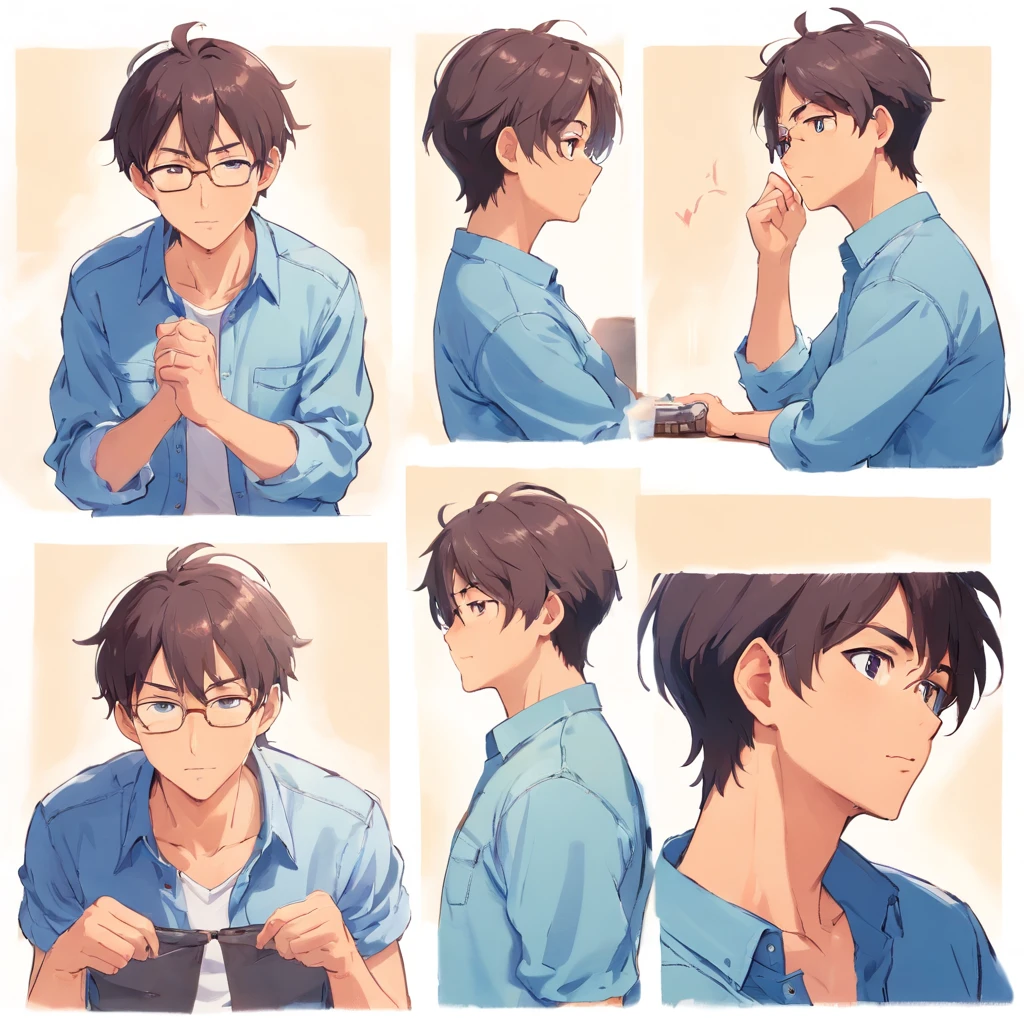 Middle-aged bald man,machoTWear a shirt and jeans,Charakitar Seat,Multiple facial expressions,独奏,white backgrounid,multi view, bustup,Multiple facial expressions