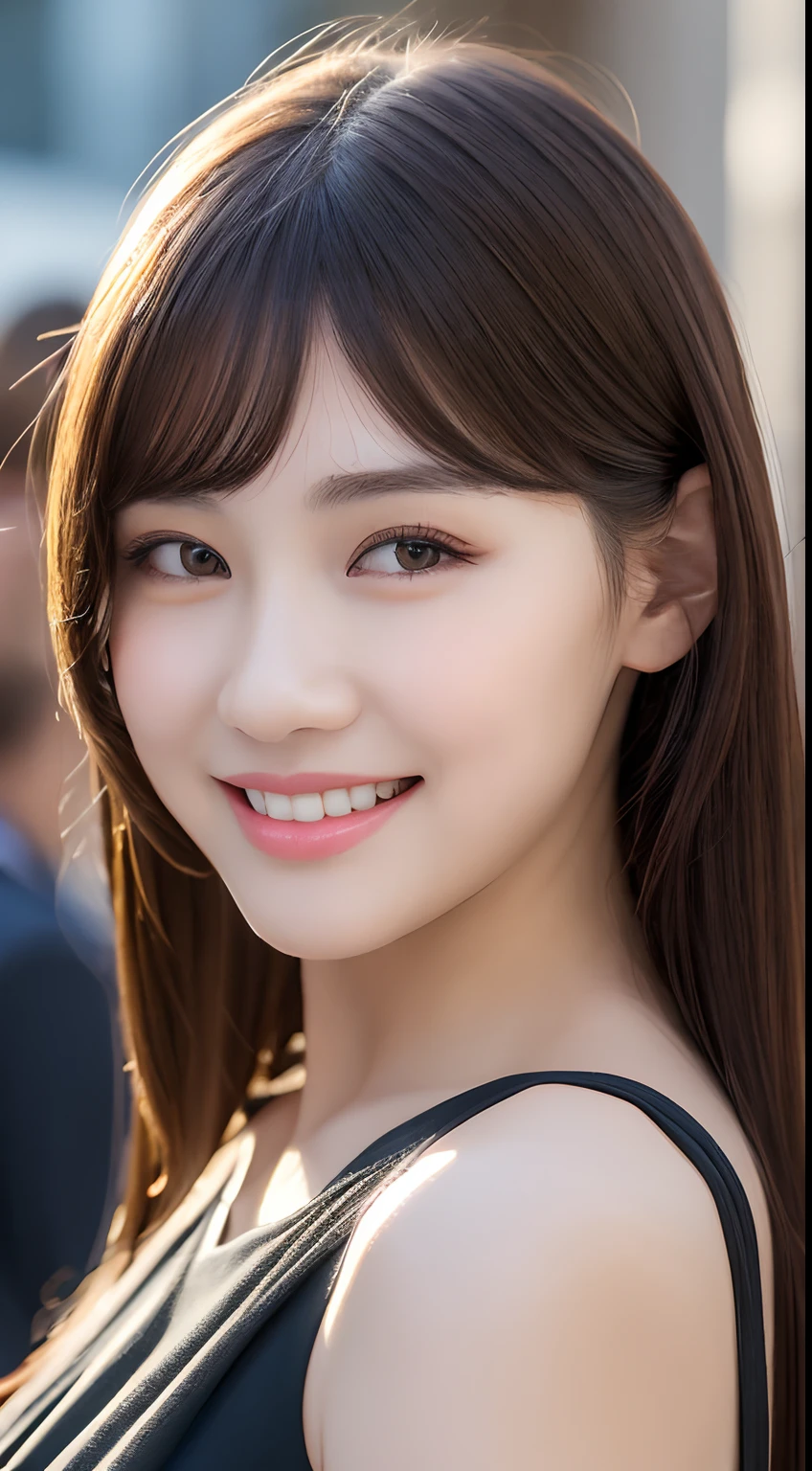 ((Best quality, 8k, Masterpiece :1.3)), 1girl, smiling, full body, slim face, Pretty woman, (Dark brown hair), full length dress :1.1, Ultra-detailed face, Detailed eyes, Double eyelid, blur background, slim face, city, outside, street,