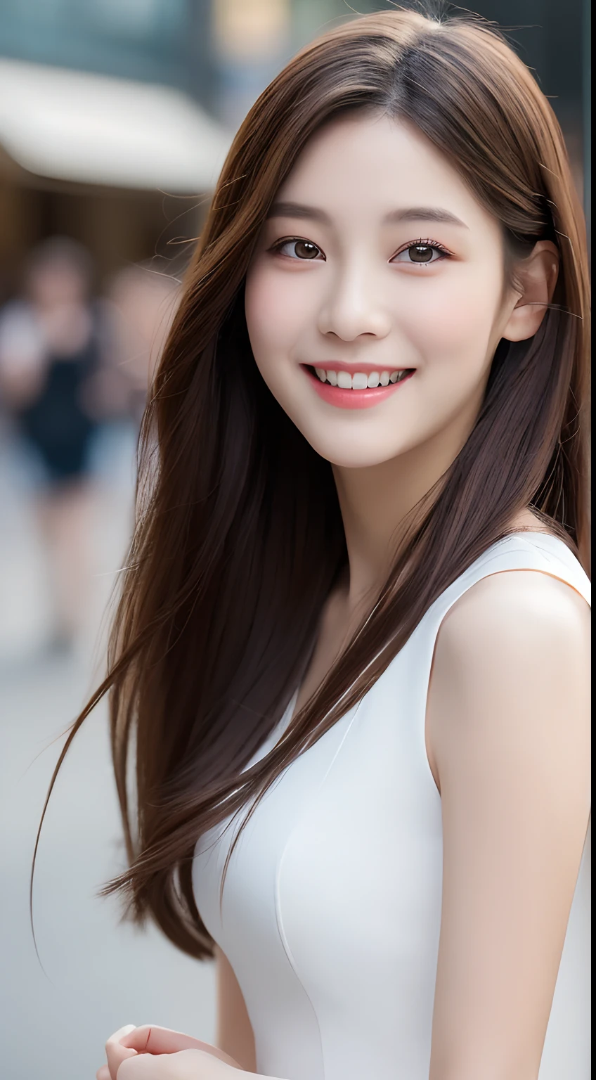 ((Best quality, 8k, Masterpiece :1.3)), 1girl, smiling, full body, slim face, Pretty woman, (Dark brown hair), full length dress :1.1, Ultra-detailed face, Detailed eyes, Double eyelid, blur background, slim face, city, outside, street,