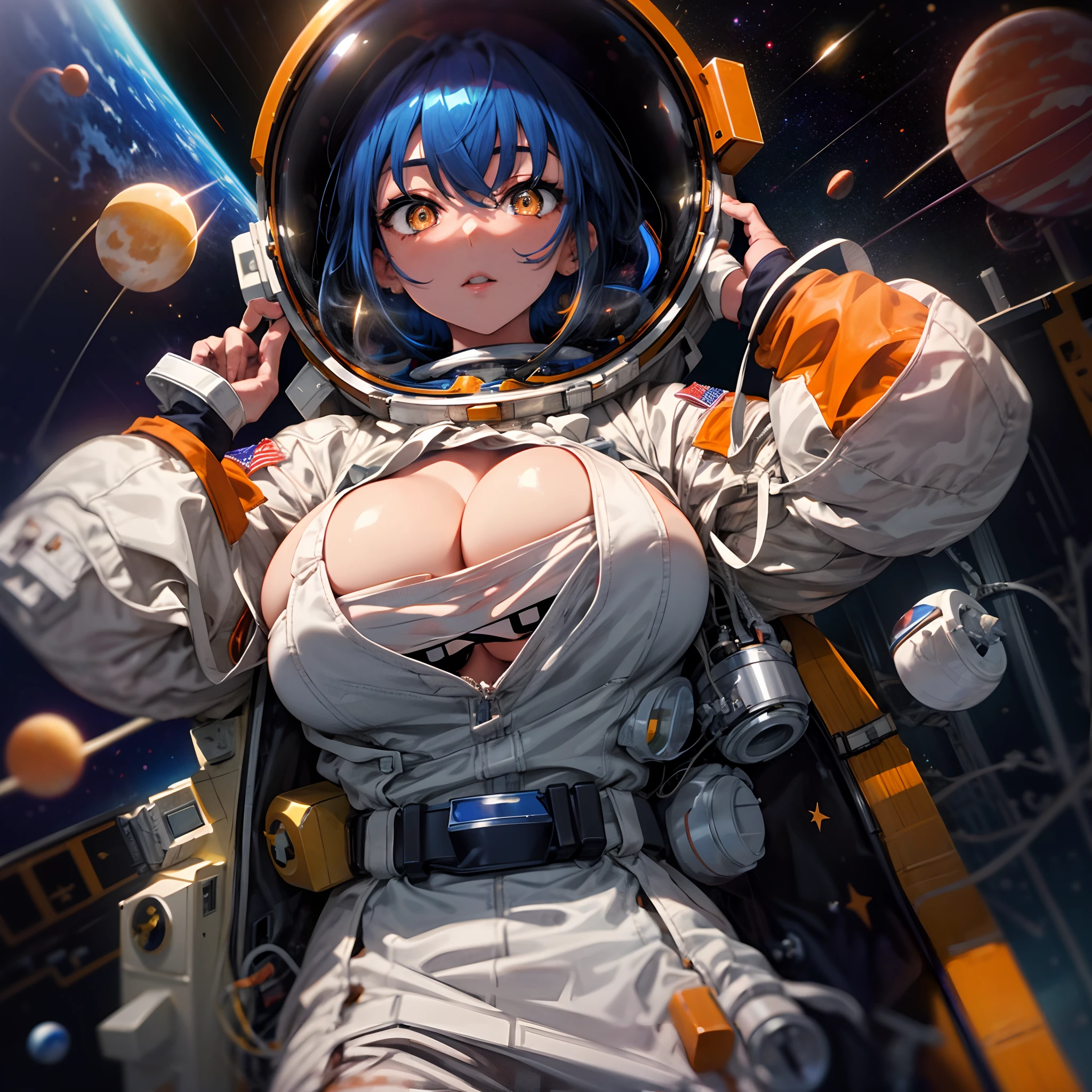 The most beautiful and sexy astronaut girl, blue hair, orange eyes, wearing highly detailed astronaut spacesuit, huge gigantic tits, cleavage showing, in outer space, highly detailed background, perfect masterpiece, high quality, high resolution