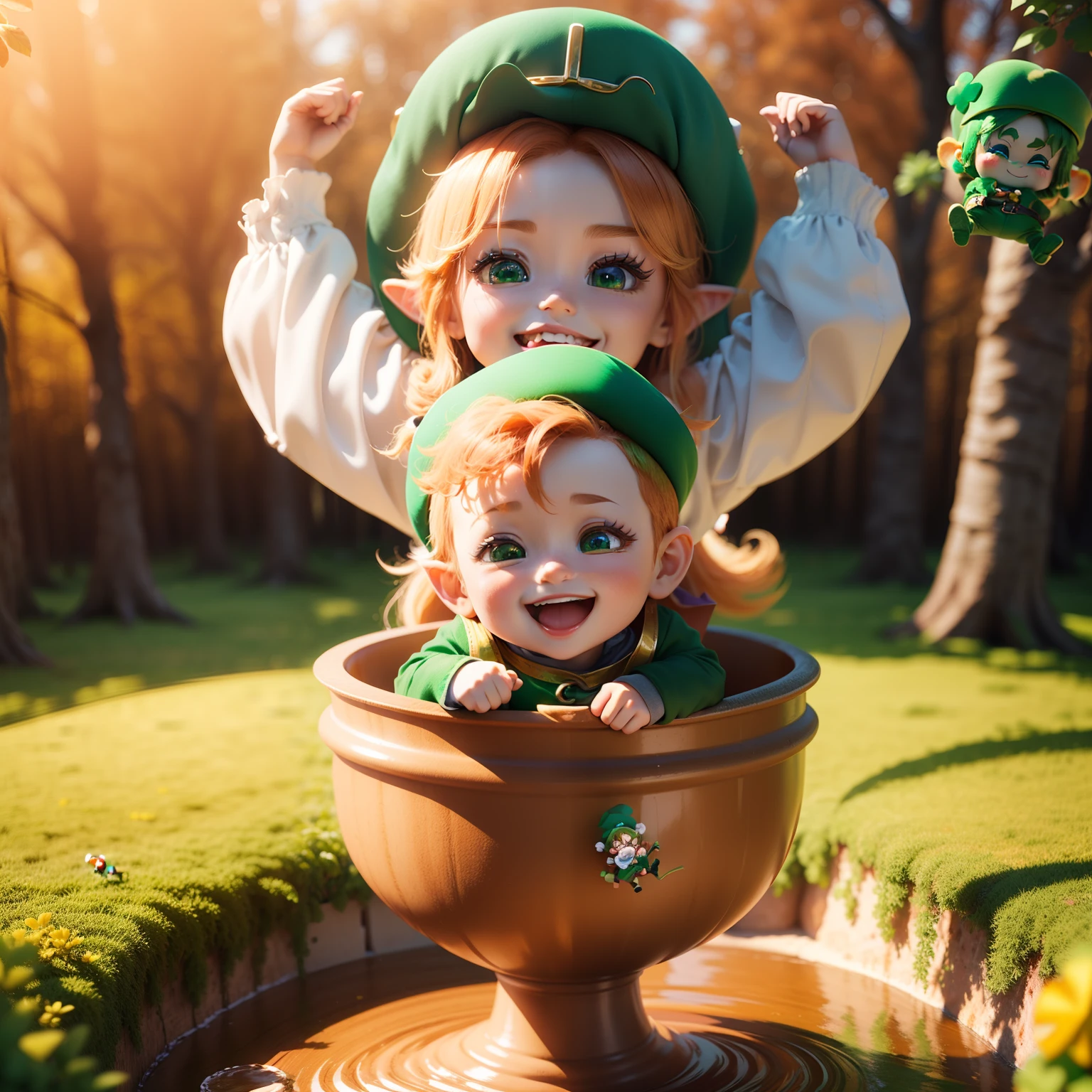 Cute Baby Chibi Anime,(((Chibi 3D))) (Best Quality) (Master Price)、Leprechaun (Floating in mid-air:1.3), Fly over the autumn forest, Under no gravity, Birds Garden View、Open your mouth and smile、(Vivid big rainbow:1.3)、The dazzling light of the morning sun、Jewelry Decoration Costumes(Leprechaun:1.5)