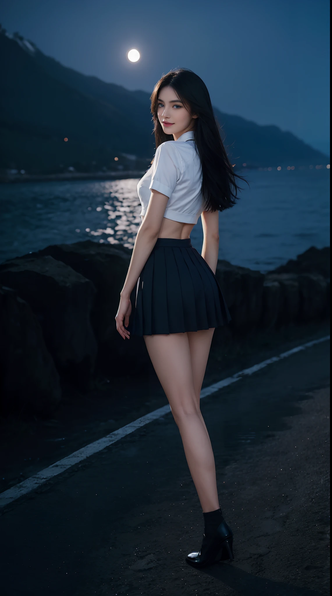 8K, of the highest quality, Intricate details, Ultra Detail, Ultra High Resolution, masutepiece, randam angle,  slender, Smile, (makeup: 0.4), (Fluffy blue eyes: 1.21), Blue eyes, Looking back, ((Full body)), 1girl in, Solo, 1 girl, (( Full body)), Close Up Shot, , ((tall)), (((Fit body))), (((Slim Face))), Sharp face, Sharp eyes, (((Black hair, Long hair, ))  (Detailed face), Sharp face, Small lips, 
 ((School uniform)),  Detailed face, Detailed chest, , large full breasts, Detailed ass, Round Ass , Beautiful girl with accentuated slender abs: 1.4, Six Pack Abs: 1.4, Bust Botox, Big, Perfect body, detail legs, (( Moonlight)), Top of the mountains
