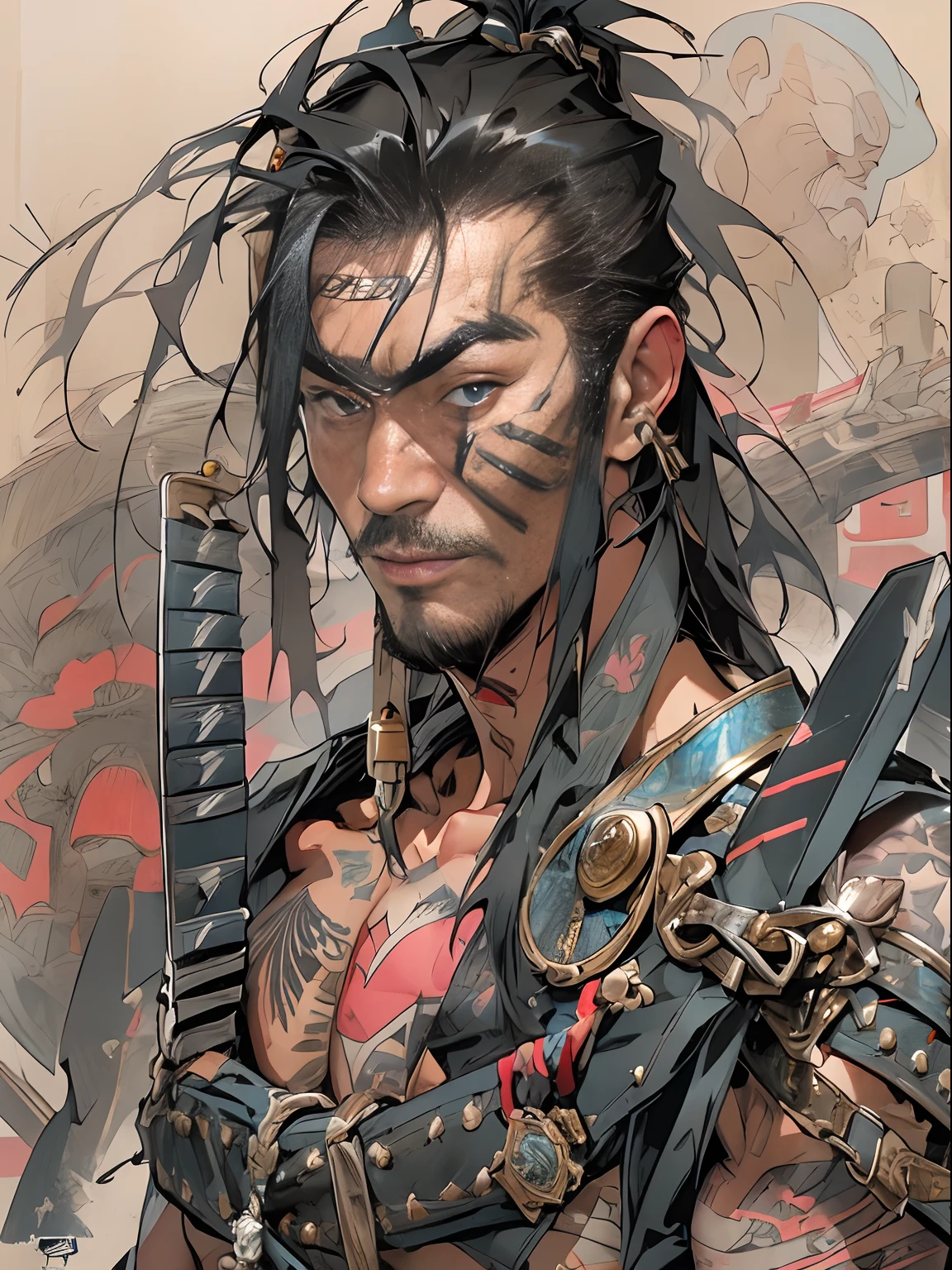 (((mtu))), (((best qualityer))), (((tmasterpiece))), (((AS-Adult))), ((( Japanese ))), Look up from your knees, Handsome Asian samurai,perfect body figure, Modern samurai, ((( Asian))), Wear gloves on your hands,The left arm is made of steel and metal tips,Made of protective devices, The eyes are pulled, (( Appears below the chest )), (( Small dental floss )), Simon Bisley, Almost naked(Simon Bisley)Castle City Wilderness,For high-resolution posters, hair straight, Minimum clothing, armure (Crazy clothes ), Full of tips and rivets, tribal tattoos, (((full bodyesbian))), Straight brunette hair,Colored hair ends