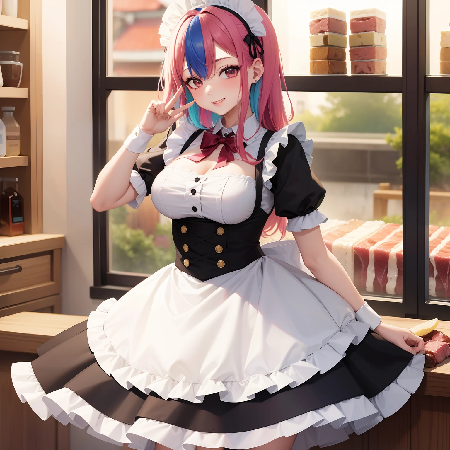 Lori with multicolored hair, wearing a maid outfit,More meat, Cute 2D, background backlightHD ,top-quality,Beautiful Beautiful Girl,超A high resolution,a smile,Perfect Beautiful Girl,