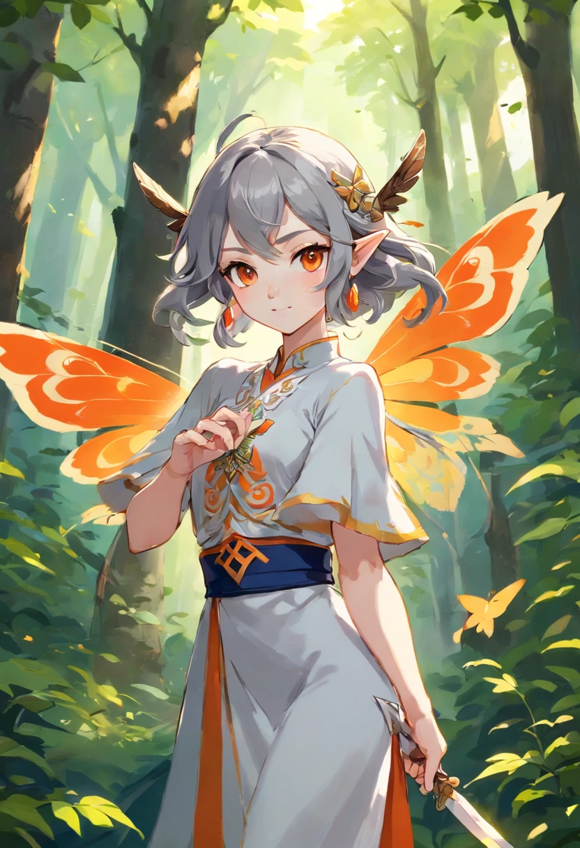 moth wings, white skin, wearing chongsam, grey hair, orange eyes, holding dagger, dark theme, forest background