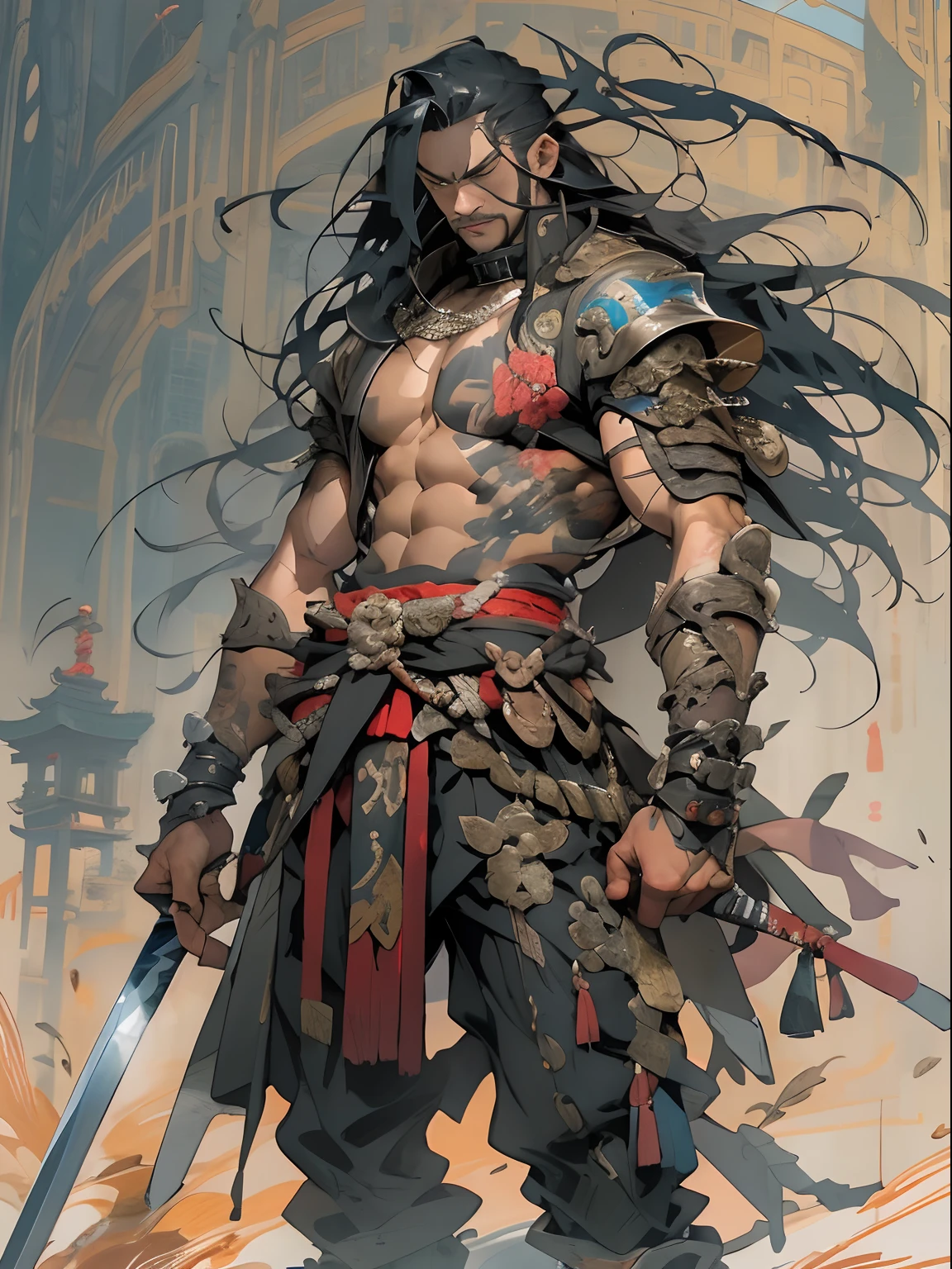 (((mtu))), (((best qualityer))), (((tmasterpiece))), (((AS-Adult))), ((( Japanese ))), Look up from your knees, Handsome Asian samurai,perfect body figure, Modern samurai, ((( Asian))), Wear gloves on your hands,The left arm is made of steel and metal tips,Made of protective devices, The eyes are pulled, (( Appears below the chest )), (( Small dental floss )), Simon Bisley, Almost naked(Simon Bisley)Castle City Wilderness,For high-resolution posters, hair straight, Minimum clothing, armure (Crazy clothes ), Full of tips and rivets, tribal tattoos, (((full bodyesbian))), Straight brunette hair,Colored hair ends