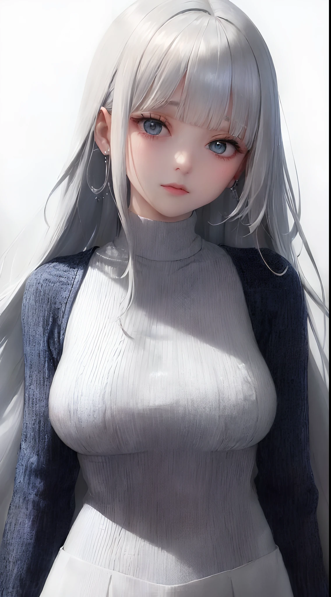 (((silber hair、Cowboy Shot、Upper body、 upper body closeup、Portrait、looking in camera)))、[monochromes:Subdued Color:2.6] theme, (masutepiece), (Best Quality), , Light Layer, Lustrous skin, (intricate-detail , taut clothes, ),  White hair, hime-cut, Blunt bangs、Blue eyes、 30s、(maturefemale)、((High neck knit、long  skirt、jaket、Beautiful breasts))、symmetry、Thick lip、Lustrous lips、Tall lady、Standing Pose、white backgrounid、simple background、Single-color background、femele１a person、