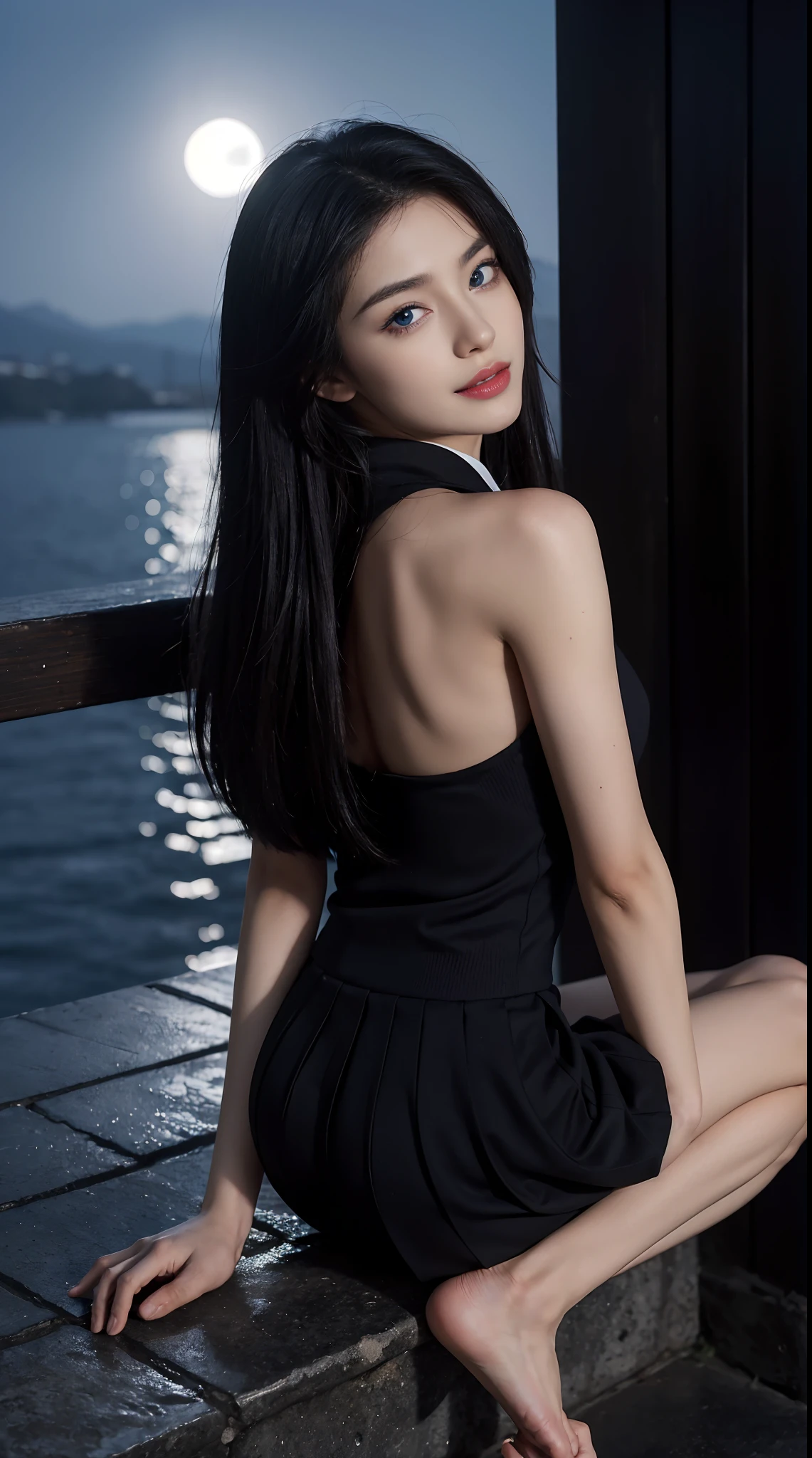 8K, of the highest quality, Intricate details, Ultra Detail, Ultra High Resolution, masutepiece, randam angle, slender, Smile, (makeup: 0.4), (Fluffy blue eyes: 1.21), Blue eyes, Looking back, ((Full body)), 1girl in, Solo, 1 girl, (( Full body)), Close Up Shot, , ((tall)), (((Fit body))), (((Slim Face))), Sharp face, Sharp eyes, (((Black hair, Long hair, )) (Detailed face), Sharp face, Small lips,
((School uniform)), Detailed face, Detailed chest, , large full , Detailed ass, Ro Ass , Beauul girl with accentuated slender abs: 1.4, Six Pack Abs: 1.4, Bust Botox, Big, Perfect body, detail legs, (( Moonlight)), Top of the mountains