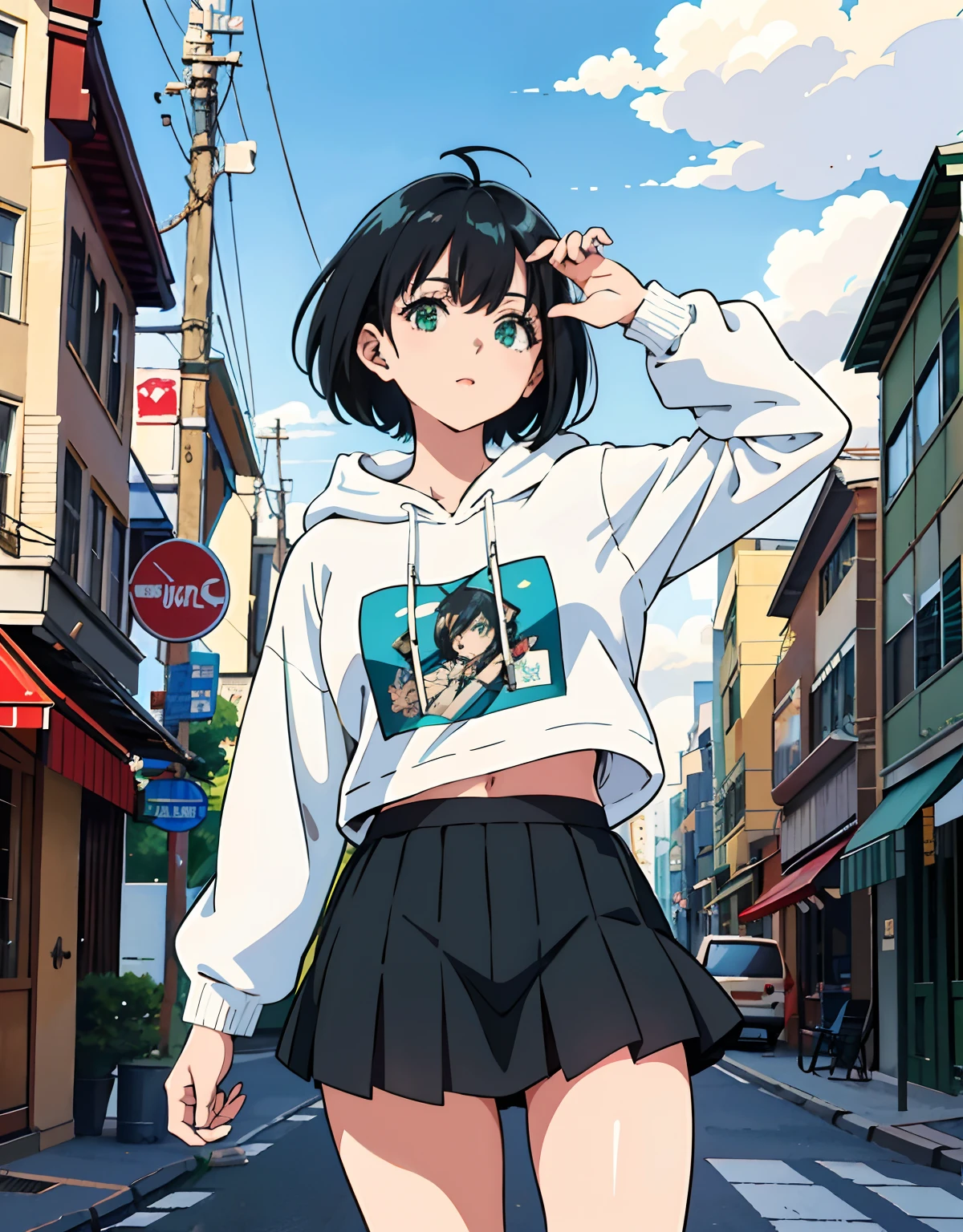 an anime girl with black hair in the crowded city, white hoodie, Azur Lane, short hair, green eyes, medium breasts, in the style of vintage aesthetics, celebrity and pop culture references, animated gifs,gritty reportage,asante art, 32k uhd, 19thcentury --ar 58:77 --niji 5