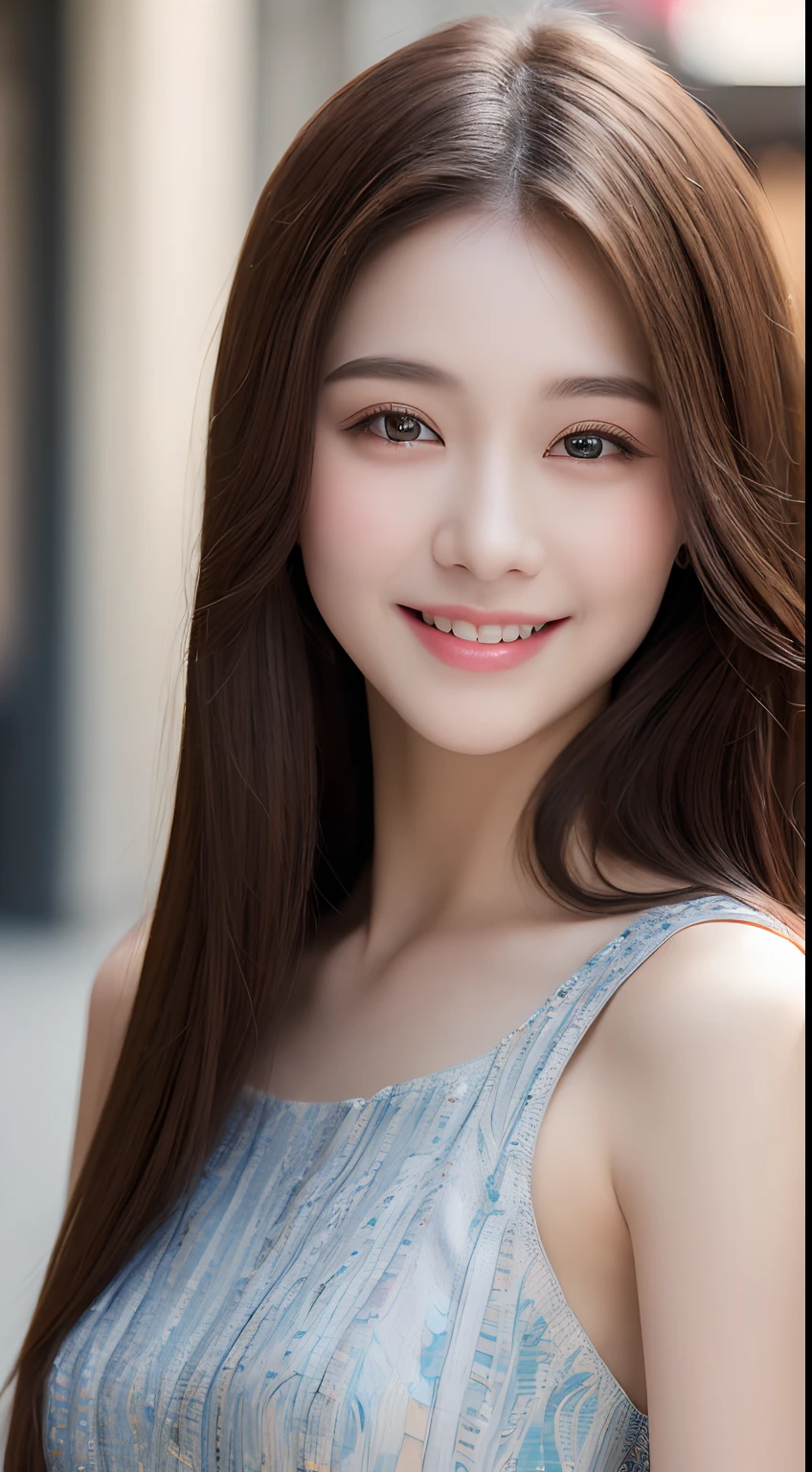 ((Best quality, 8k, Masterpiece :1.3)), 1girl, smiling, full body, slim face, Pretty woman, (Dark brown hair), full length dress :1.1, Ultra-detailed face, Detailed eyes, Double eyelid, blur background, slim face, city, outside, street,