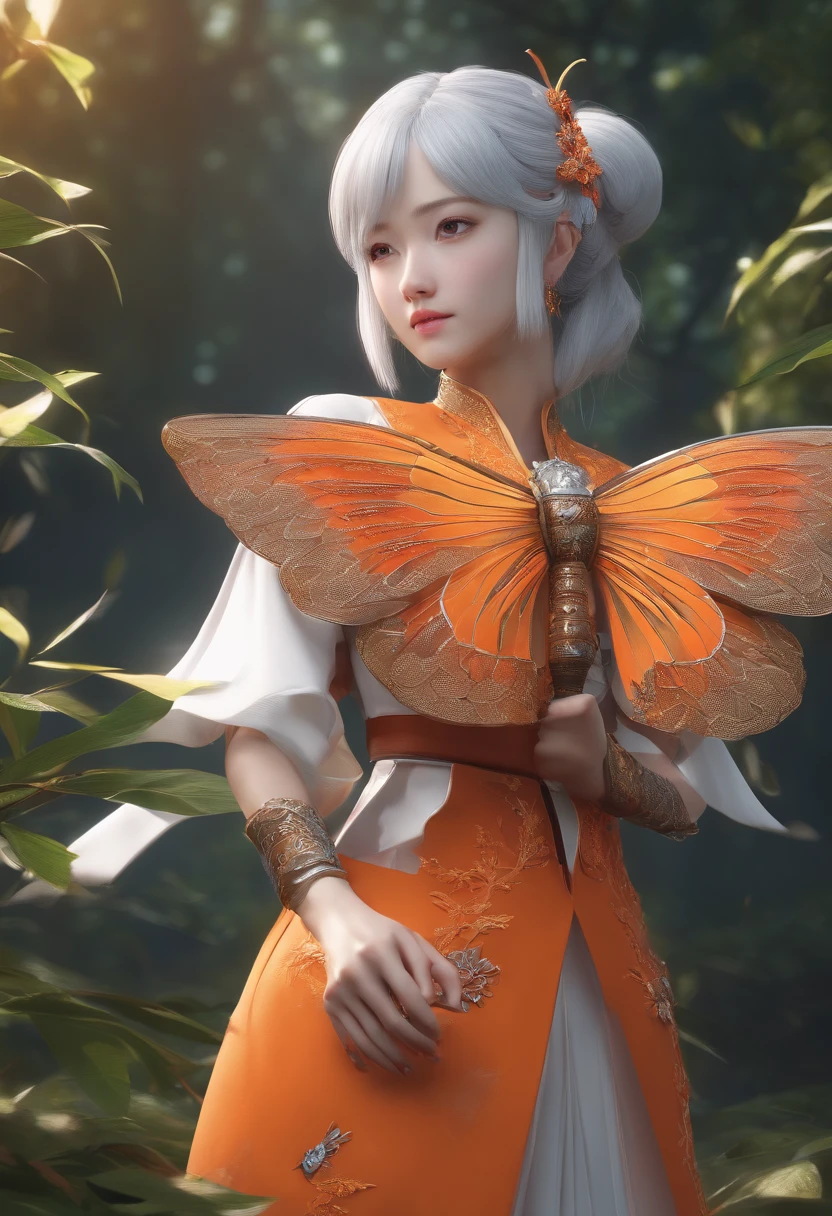 moth wings, white skin, wearing chongsam, grey hair, orange eyes, holding dagger, dark theme, forest background