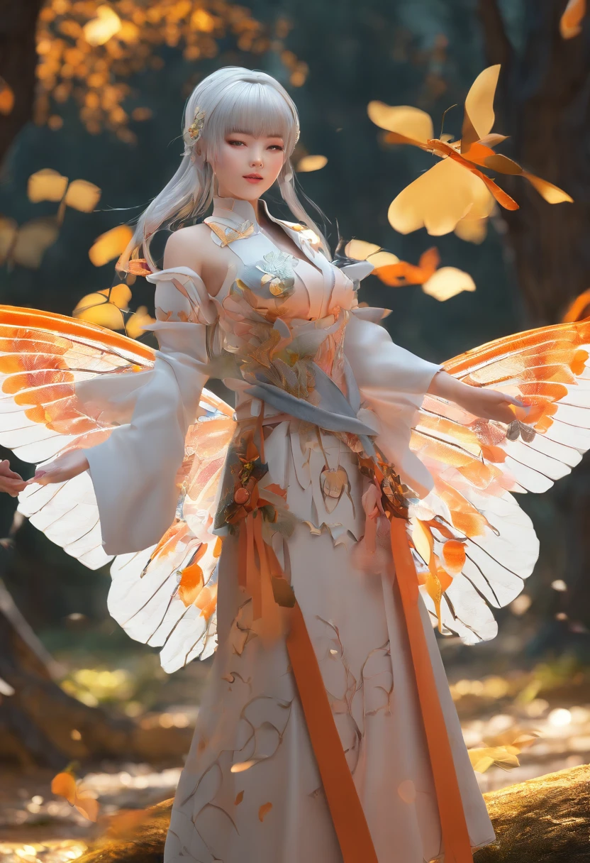 moth wings, white skin, wearing chongsam, grey hair, orange eyes, holding dagger, dark theme, forest background