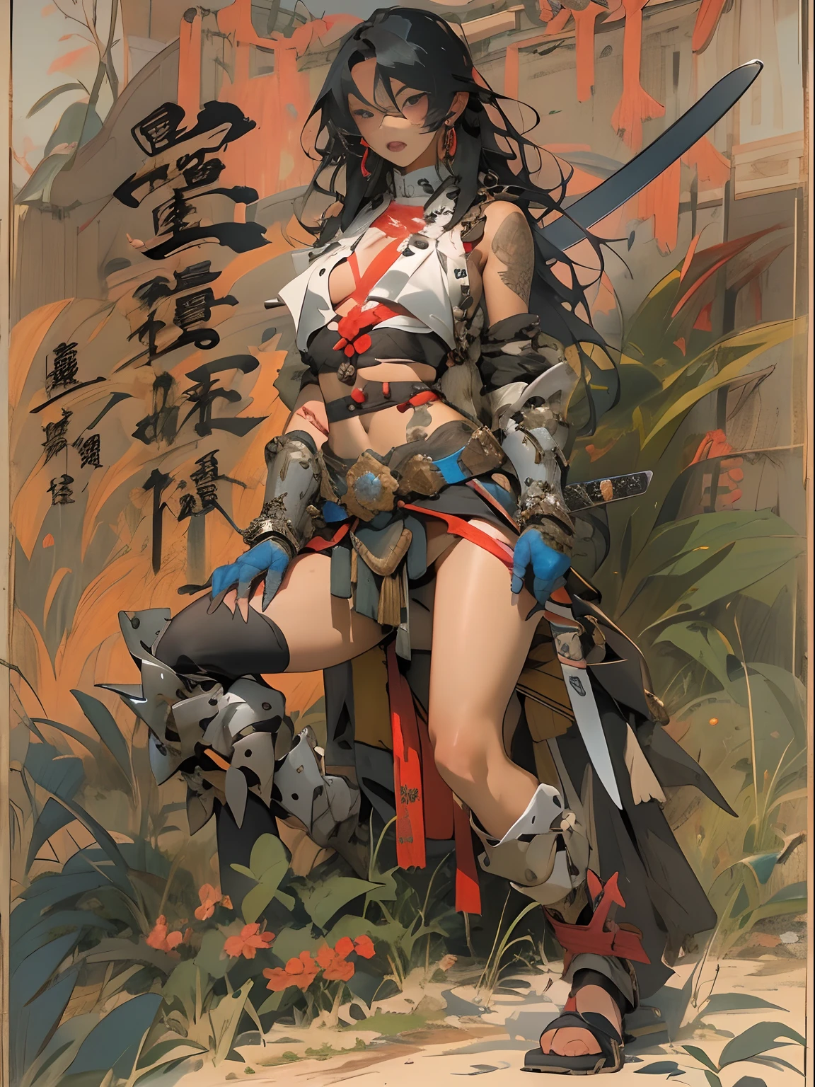 (((woman))), (((best qualityer))), (((tmasterpiece))), (((AS-Adult))), ((( Japanese ))), Look up from your knees, A beautiful asian samurai woman with perfect body, Modern samurai, ((( Asian))), Wear gloves on your hands，The left arm is made of steel and metal tips，Made of protective devices, The eyes are pulled, (( Appears below the breast )), (( Small dental floss )), Simon Bisley, Almost naked（Simon Bisley）Castle City Wilderness，For high-resolution posters, hair straight, Minimum clothing, armure (Crazy clothes ), Full of tips and rivets, tribal tattoos, (((full bodyesbian))), Straight brunette hair，Colored hair ends