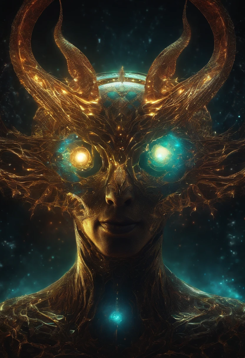 Cosmic Lucifer, glowing light eyes, Biomechanical, eerie, Creepy, nightmarish, Very bright colors, Light particles, with light glowing, Mshiff, wallpaper art, UHD wallpaper