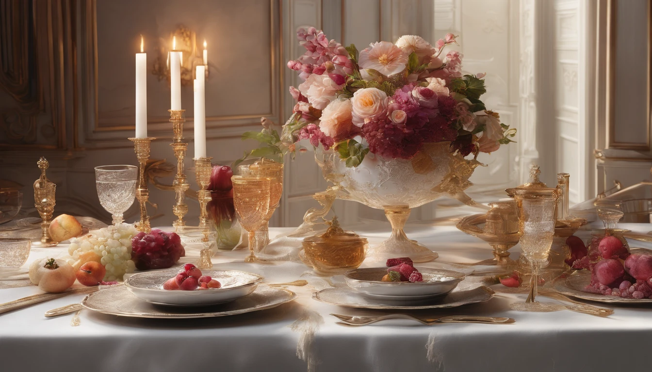 (Best quality, A high resolution, Masterpiece:1.2)French, Ultra-detailed, Surprisingly beautiful table set, Delicate flower arrangement, Natural lighting, Golden candlelight, Soft and warm color palette, Inviting atmosphere, Homely, Simple and elegant, Harmonious composition, Meticulous attention to detail, subtletextures, Tastefully furnished, Translucent glassware, Delicious fresh fruit, Crispy and juicy, Refreshing, Lovely floral scent and fruit, Exquisite porcelain dinner plate, Smooth and glossy surface, Vintage silverware, Exquisite and gorgeous design, Romantic and cozy atmosphere, Relaxing and comfortable, serenity and calm, Healthy and inviting, Elegant pleats and curtains, Rich brown color, Subtle shadows and highlights, Soft natural lighting, Soothing and peaceful atmosphere, A central ornament made of brightly colored seasonal flowers, Delicate buds and flowers, a faint fragrance in the air, The petals are beautifully arranged, Soft and natural texture, A warm and inviting color palette, Authentic and rustic elements, Crimson wine, Bubbles that surface, Candlelight reflection, glittery, Cleavage is seductive, Symbolizes abundance and vitality, A feast for the senses.in a panoramic view, deep colour, filmgrain, Chiaroscuro, Rococo style, chiaroscuro, film grain, rococo style, backlighting, ray tracing, 4K, 8K, ccurate