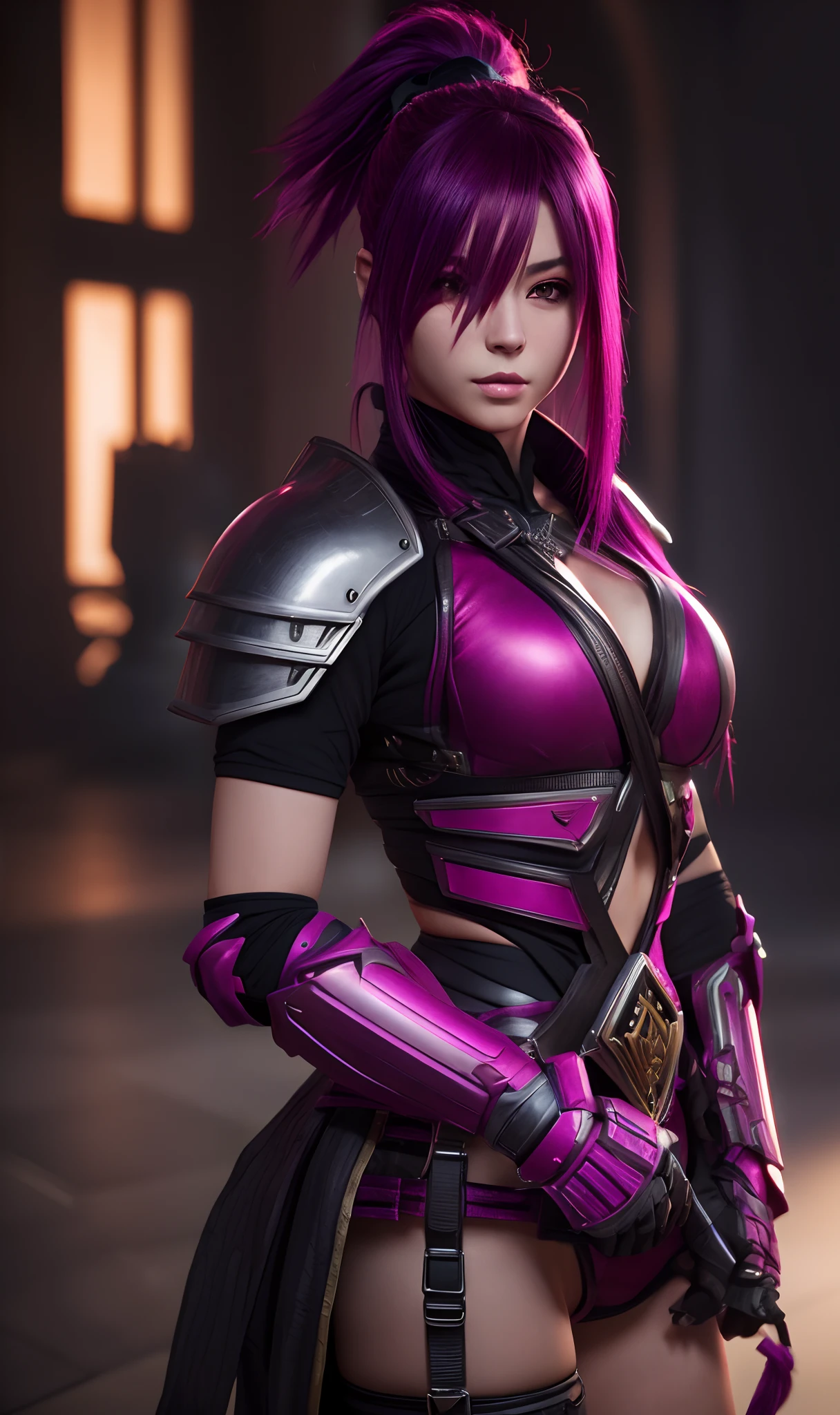 Pretty model girl ninja with magenta colored hair, mask, thick hide armor, hyperrealism, photorealistic, 8k, unreal engine