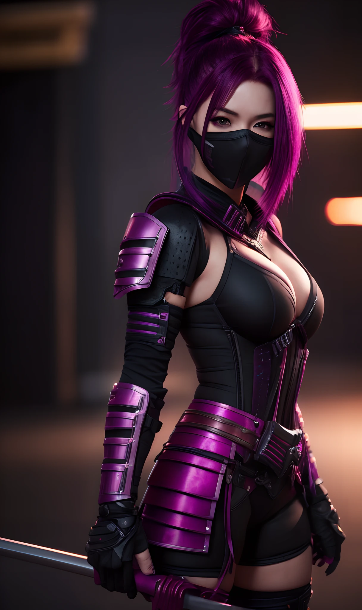 Pretty model girl ninja with magenta colored hair, mask, thick hide armor, hyperrealism, photorealistic, 8k, unreal engine