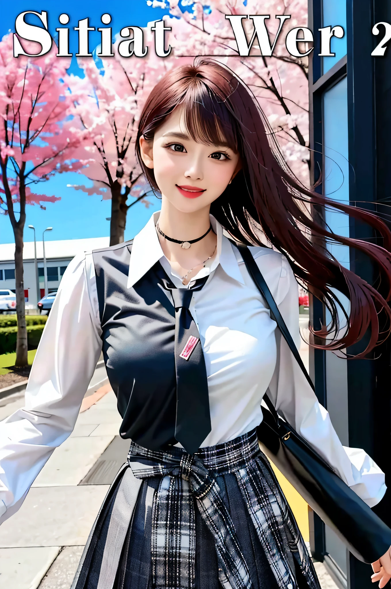 masterpiece, best quality, full body, 1girl, bangs, black choker, black necktie, black hair, blue skirt, blush, bracelet, breasts, choker, clothes around waist, collarbone, collared shirt, cowboy shot, dress shirt, ear piercing, eyebrows visible through hair, gradient hair, grin, gyaru, jewelry, kogal, long hair, looking at viewer, loose necktie, necktie, piercing, plaid, plaid skirt, pleated skirt, red eyes, ring, school uniform, shirt, skirt, smile, solo, white shirt, street, sky, cherry blossoms, petals,illustration, (magazine:1.3), (cover-style:1.3), fashionable, woman, vibrant, outfit, posing, front, colorful, dynamic, background, elements, confident, expression, holding, statement, accessory, majestic, coiled, around, touch, scene, text, cover, bold, attention-grabbing, title, stylish, font, catchy, headline, larger, striking, modern, trendy, focus, fashion,